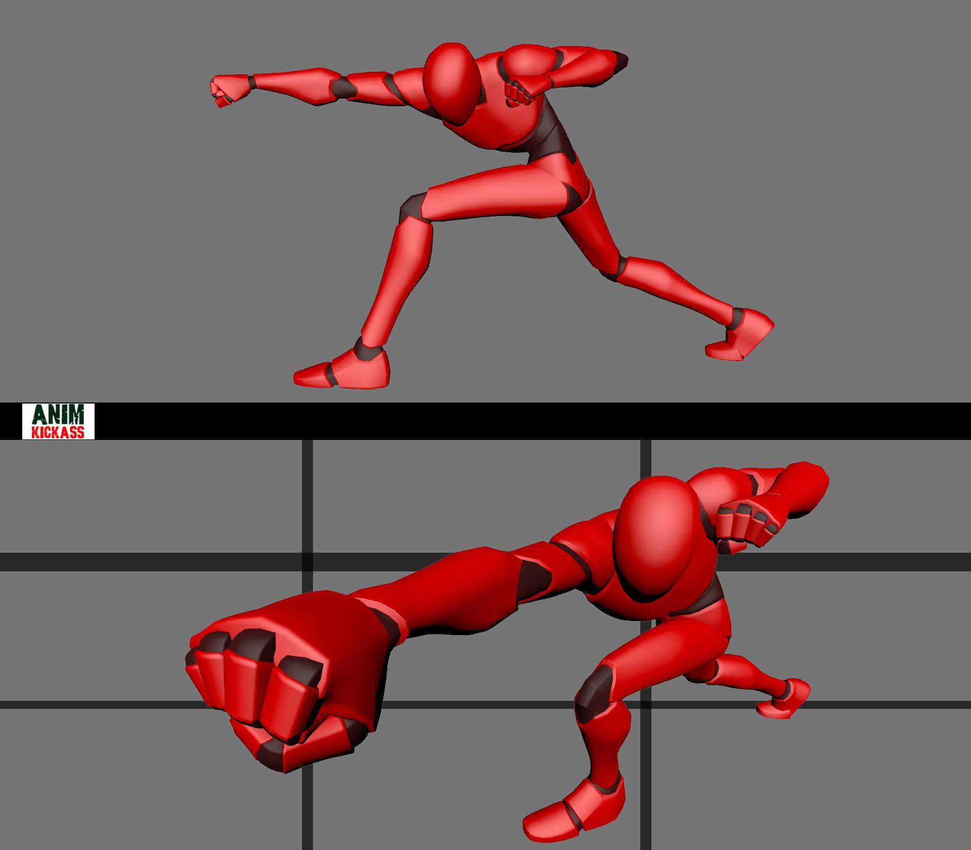 the image shows a 3d red figure in a boxing stance. the image is split into two parts. the top part of the image shows the figure in a boxing stance with the right arm extended. the bottom half of the image shows a closer view of the figure throwing a punch.