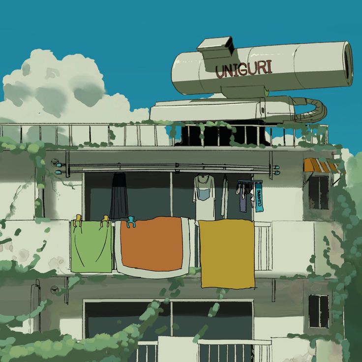the image showcases a stylized depiction of an apartment building, likely set in a bustling urban environment. the perspective is from a low angle, emphasizing a balcony overflowing with laundry hung out to dry. a large, industriallooking satellite dish dominates the rooftop, hinting at a futuristic or perhaps slightly dystopian setting. the overall palette is bright and airy, dominated by a clear blue sky and the warm hues of the sundrenched building. this is juxtaposed by the slightly faded, almost melancholic tones used for the building itself, creating a sense of livedin history.