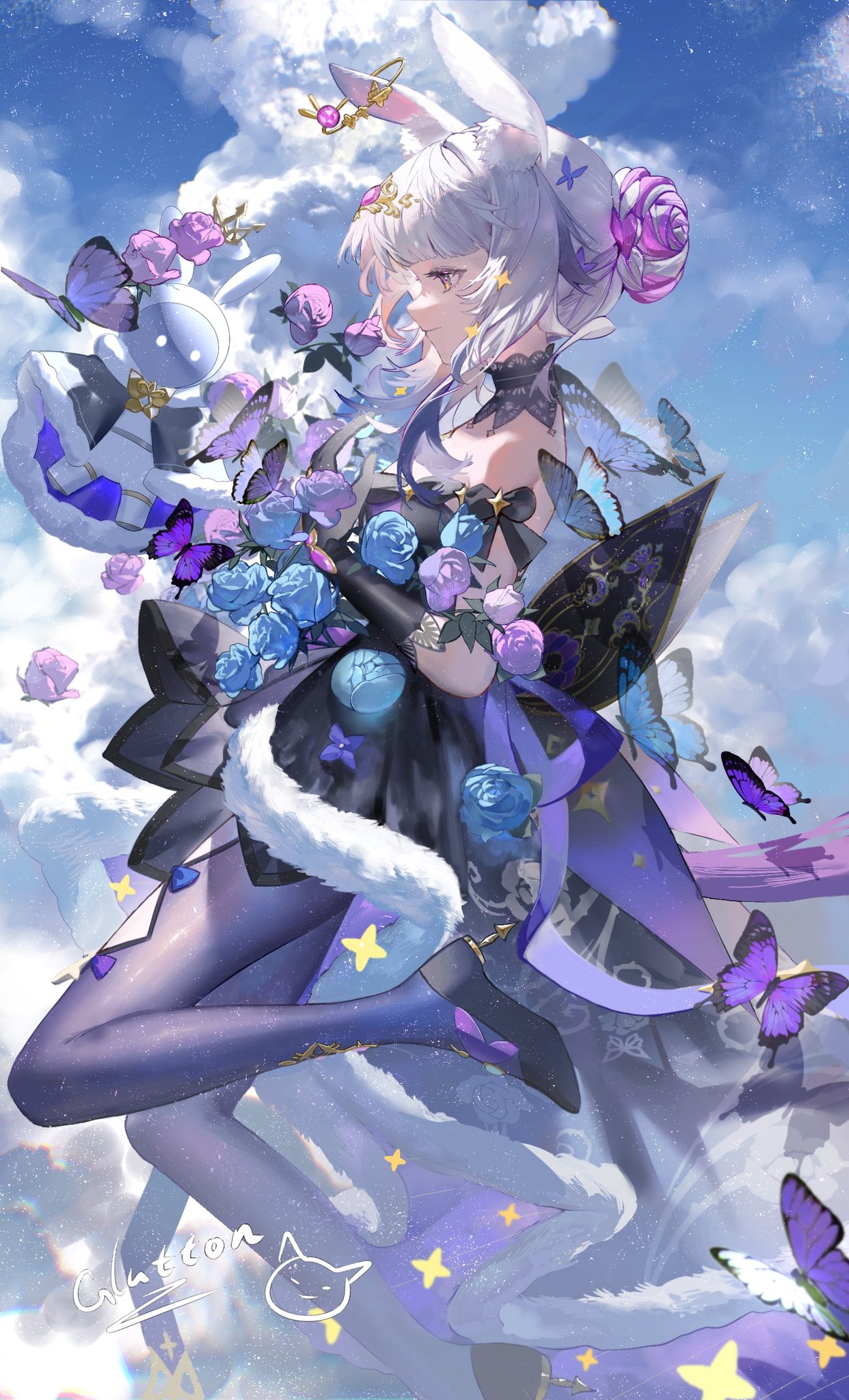 the image depicts a beautiful anime girl with long white hair and rabbit ears. she is wearing a flowing purple and blue dress adorned with butterflies and roses.  she's surrounded by a whimsical array of butterflies, roses, and stars, floating in a bright, cloudfilled sky. the overall style is ethereal and magical, emphasizing delicate details and soft colors.  the girl's expression is gentle and serene.  the art style is highly detailed and polished, consistent with digital painting techniques.