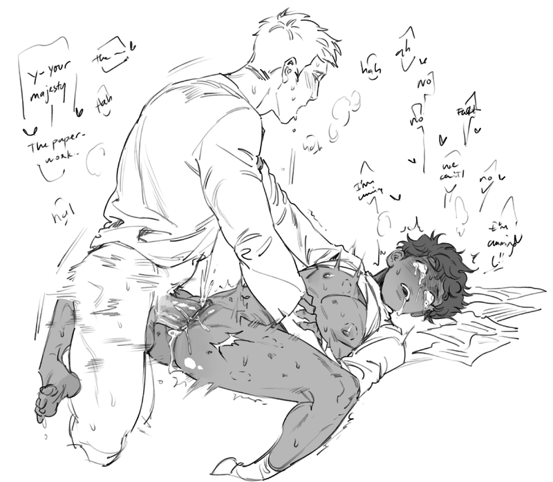 he image is a black and white sketch depicting a yaoi scene between two men. the top is depicted in a dominant position over the bottom, with the bottom appearing to be experiencing both pleasure and pain. various emotions are expressed through facial expressions and body language, with the sketch suggesting an intense and passionate encounter. the style of the artwork is rough and dynamic, indicative of a quick sketch. the background is minimal and serves to further emphasize the figures in the foreground.  the overall impression is one of raw emotion and physical intimacy.