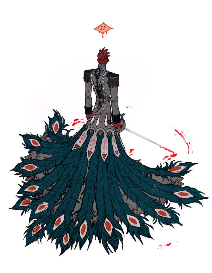 a drawing of a man in a military uniform, with a sword in his hand. he has a large, elaborate peacock tail made of feathers with red eyes in them. the image is a stylized and artistic interpretation of the man, and it has a mystical or supernatural quality to it.