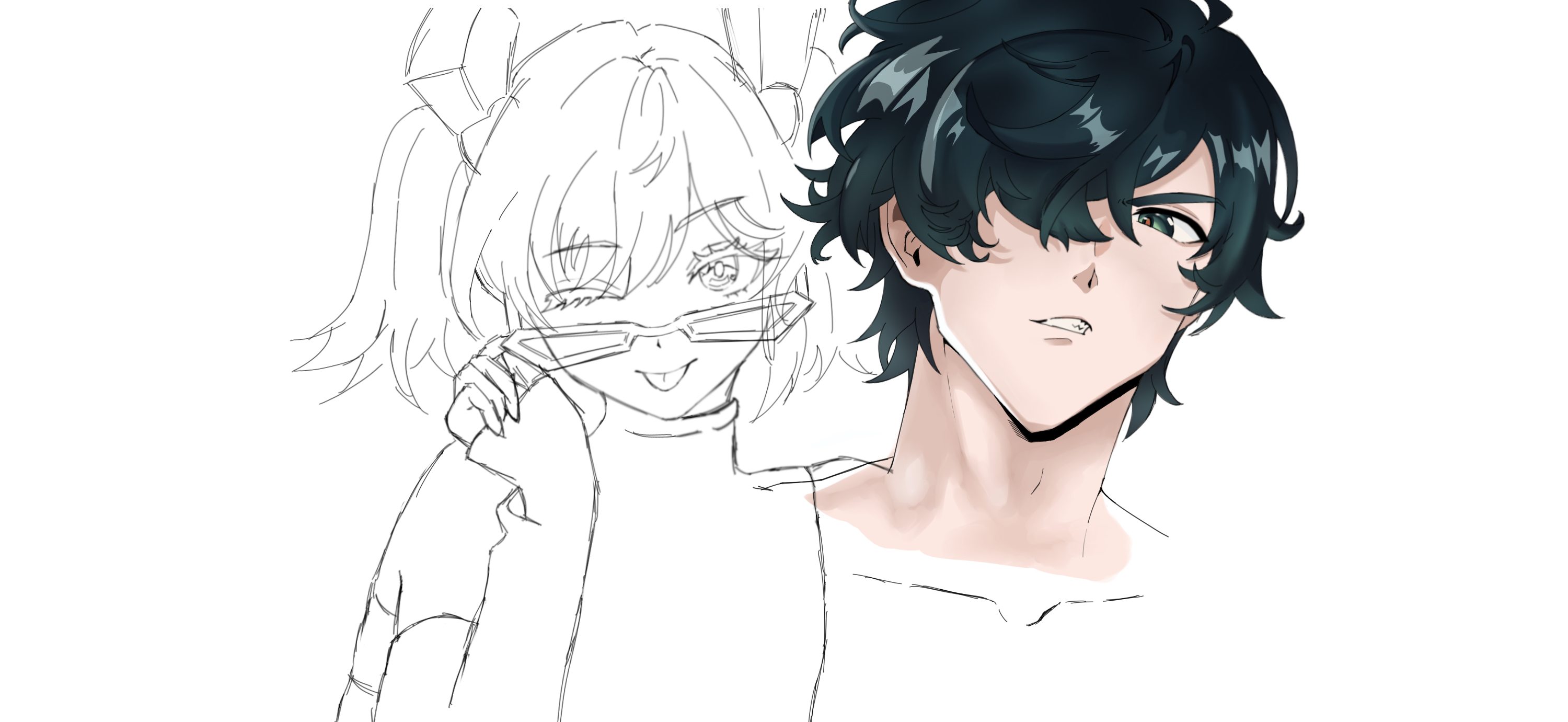 the image showcases a digital artwork featuring two animestyle characters.  the main focus is on a wellrendered anime boy with dark teal hair, partially covering his green eyes, who has a cool, confident expression. a sketch of an anime girl with pigtails, wearing glasses and exhibiting a winking expression, is partially overlaid on the boy’s shoulder, showing a workinprogress style where the outline of the girl is clearly unfinished compared to the more completely rendered boy. the background is plain white. the overall style is anime/manga influenced.