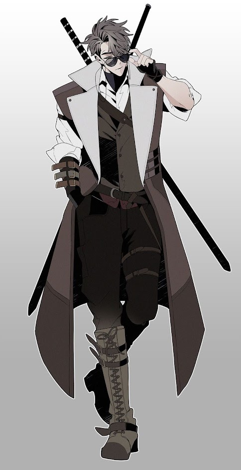 an anime character standing in a cool pose with a sword in his hand and a long coat on. he is wearing sunglasses and a stylish outfit. the background is grey.