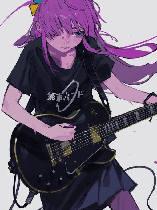 an animestyle illustration shows a young girl with purple hair playing a black electric guitar. she has a sad or pensive expression and appears to be crying slightly. she's wearing a black tshirt with some writing on it, along with a black skirt. the guitar has gold hardware, and the image has a loose, painterly style. the background is offwhite.