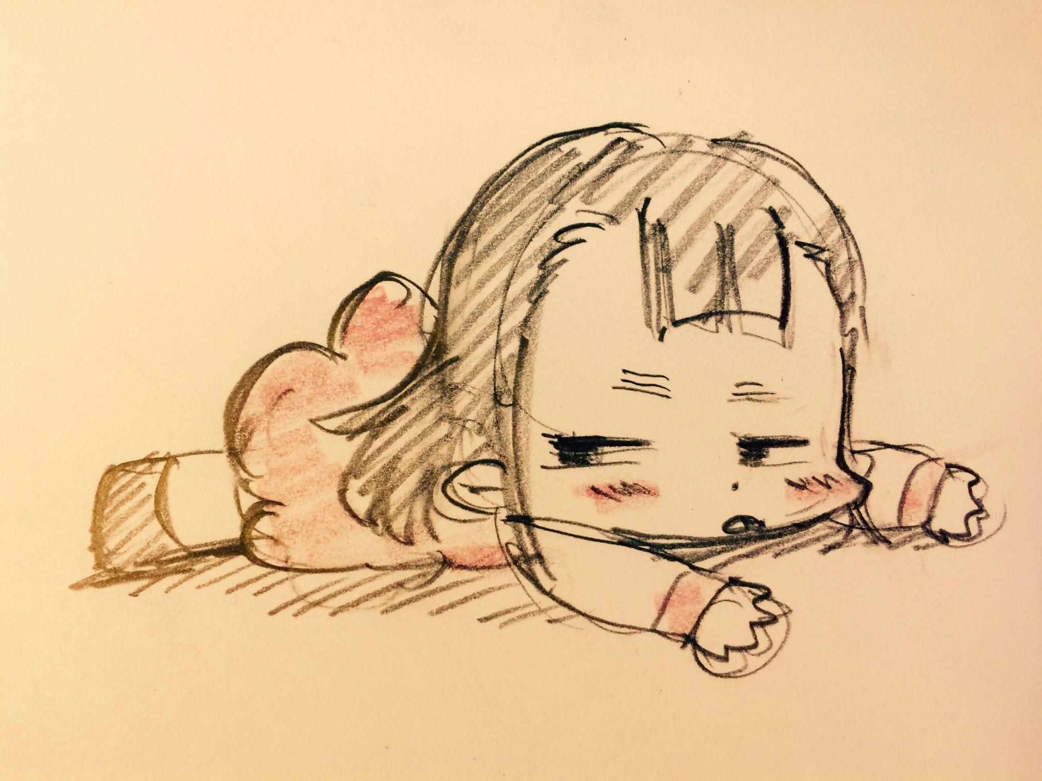 a cute chibistyle drawing of a grumpy baby girl lying on her stomach. the baby has short, dark hair and is wearing a pink onesie. she has a tired expression on her face, with her cheeks slightly flushed. the drawing is done in a sketchy style, with soft lighting and a warm color palette.