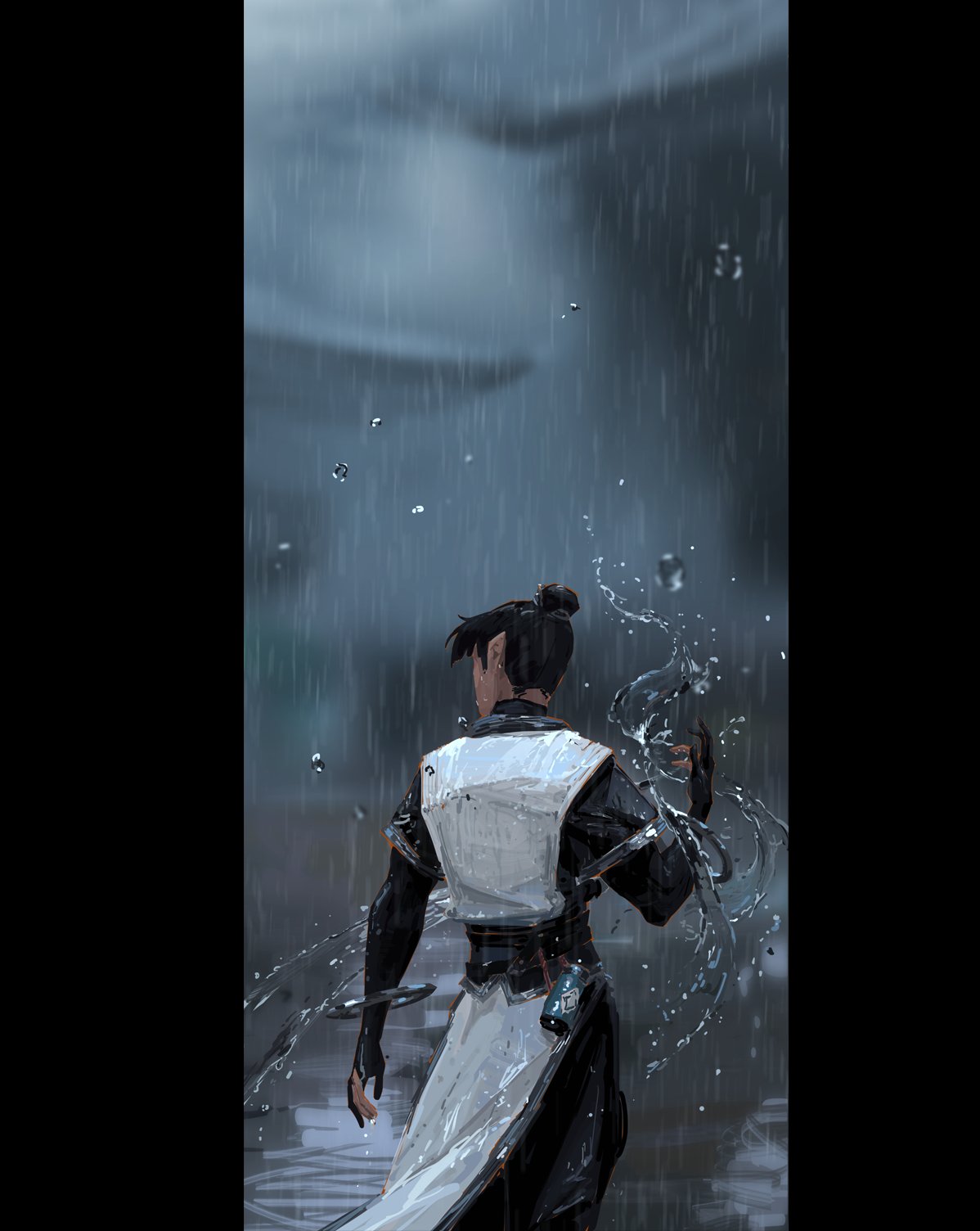 the image is a digital painting or illustration depicting a lone male figure from the back, standing in heavy rain. the character appears to be of east asian descent, wearing a flowing, white and darkcolored robe that looks like a kimono or martial arts uniform. water splashes around him, suggesting either a magical ability or simply the force of the rain. the background is a blurry depiction of a rainy street or courtyard, adding to the somber and atmospheric mood. the overall style leans toward fantasy, with an emphasis on mood and atmosphere over sharp detail. the overall feeling is one of mystery, solitude, and perhaps contemplation or even hidden power.