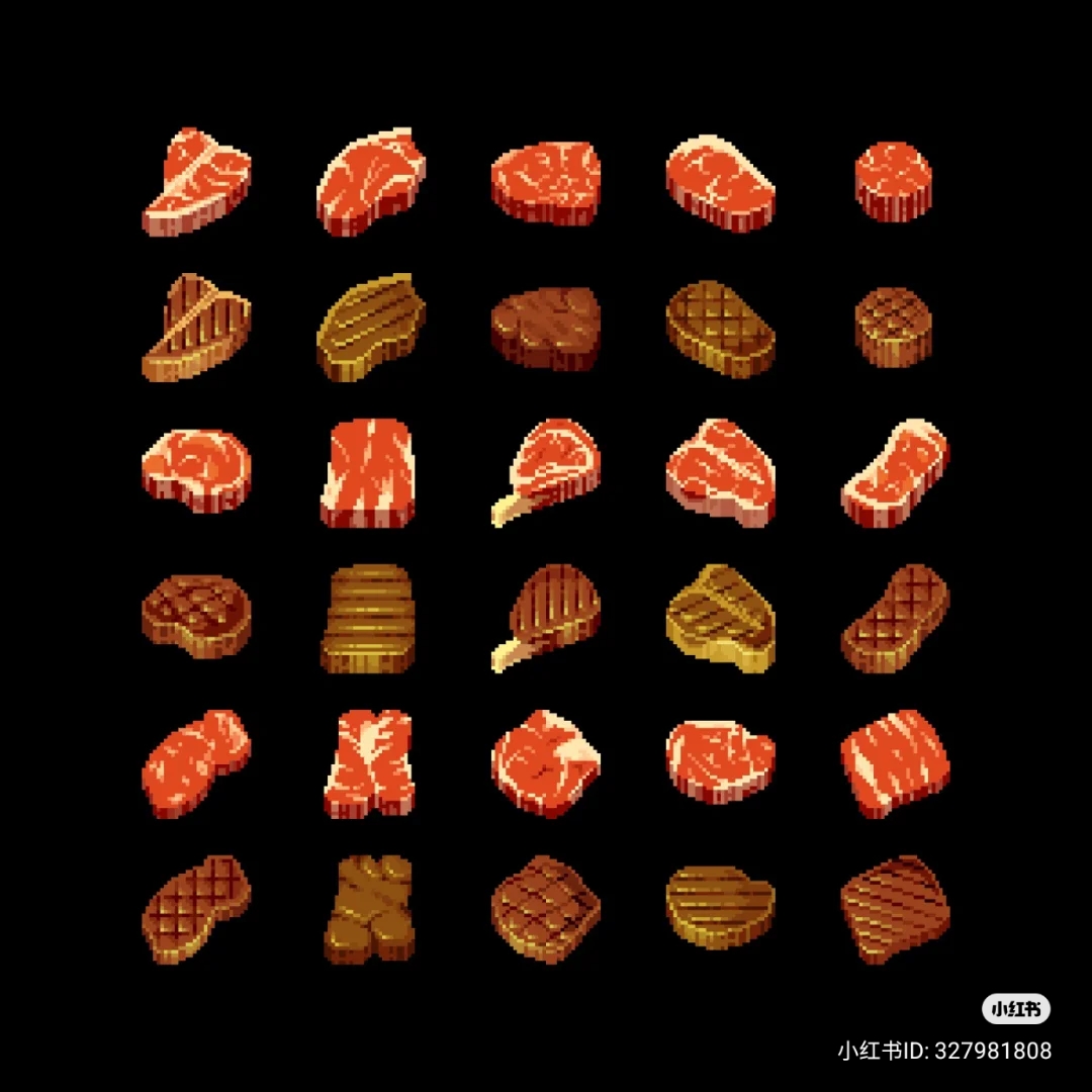 the image shows a collection of pixel art representations of various cuts and preparations of steak. the steaks are depicted in a stylized, isometric perspective, with each piece rendered in a limited color palette. the background is a solid black, which serves to highlight the vibrant colors of the meat.