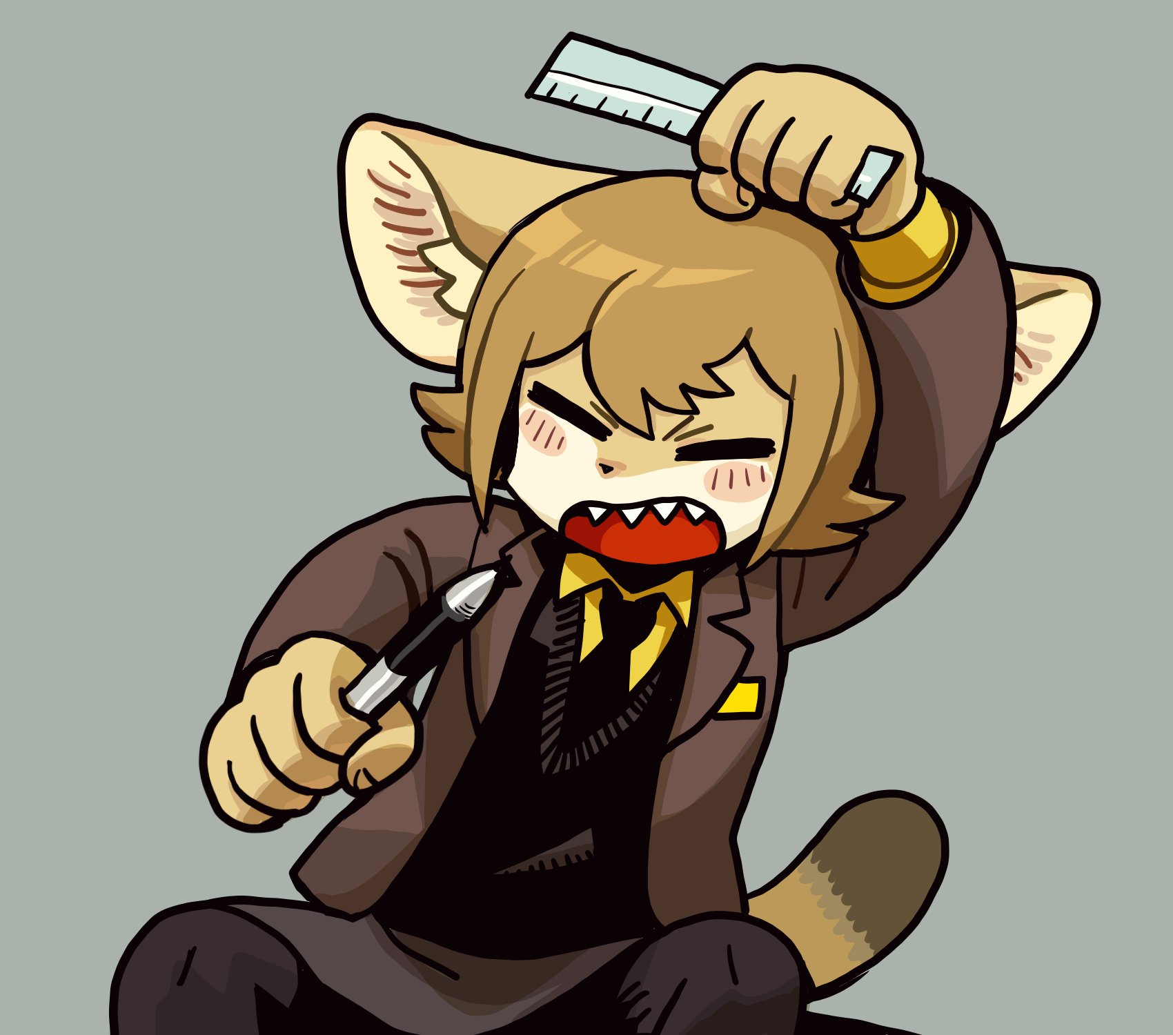 a cartoon animal character, a cat, is dressed in a teachers outfit and is frustrated holding a ruler and a pencil. they are wearing a brown jacket, black sweater, and a yellow tie. their ears are perked up, and they have a surprised look on their face. the background is a plain gray. the character looks to be angry or frustrated.