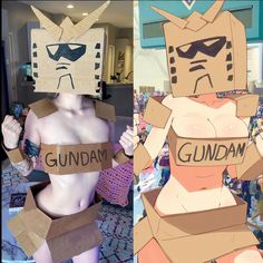 this image is a meme that has been adapted to portray a female cosplayer with a cardboard gundam costume. the cosplayer is wearing a cardboard chest piece that reads "gundam". the cosplayer also has a cardboard headpiece that mimics the head of a gundam. the cosplayer is positioned in a way that exaggerates the bust, and the meme relies on the idea that the cosplayer is trying to be sexy. the image is funny and ridiculous, and it is likely to appeal to people who enjoy anime and cosplay.