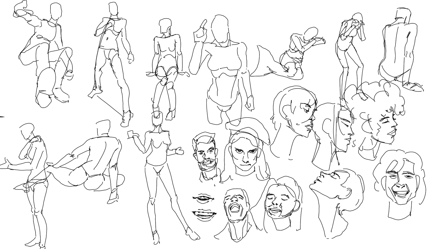 he image contains a collection of quick sketches of various human figures and faces. the sketches are done in a minimalist style using simple lines, capturing poses, gestures, and expressions in a dynamic and expressive manner. there's a variety of subjects, both male and female figures, displayed in various stances, some seated, some standing, and some in action. the sketches are not highly detailed, focusing on capturing the essence of form and movement rather than precise anatomical accuracy. the overall style is loose and fluid, with lines suggesting movement and emotion. the background is plain white which makes the sketches stand out more.