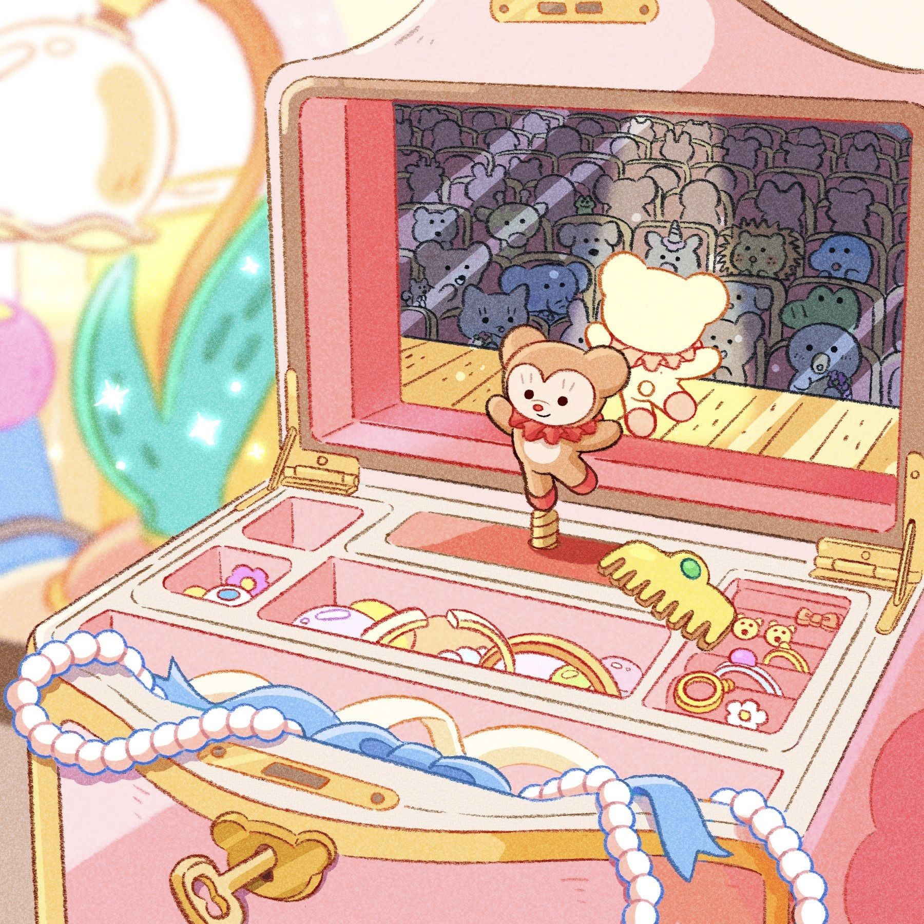 the image is a whimsical, cartoonstyle illustration of a pink musical jewelry box. the box is open, revealing a compartment filled with various trinkets like pearl necklaces, hair accessories, and small golden items. inside the box's lid is a miniature stage showing a small brown teddy bear ballerina performing in front of an audience of diverse small animals. the overall style is cute and pastelcolored, creating a dreamy and charming atmosphere. the background subtly shows a portion of what appears to be a carnival or fairground.