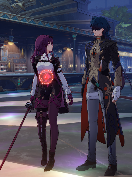this is a screenshot from the popular video game genshin impact. it features two characters, a female with purple hair and a male with black hair. the female is holding a sword and is dressed in a purple and black outfit, while the male is wearing a black coat and grey pants. the two are facing each other and seem to be having a conversation. they are both standing on a platform with a white floor. the background is a dark and mysterious scene, with a building in the background. the scene is taken from an animestyle video game.