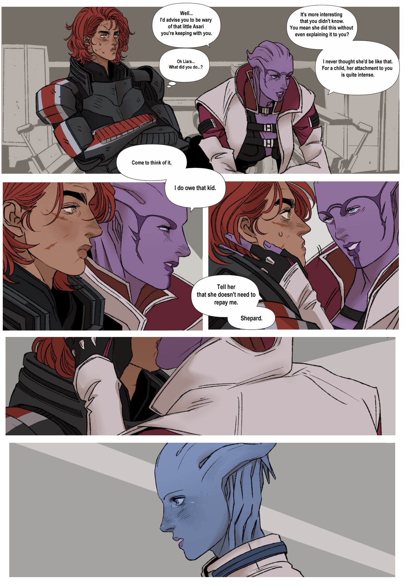 the image is a multipanel comic page depicting characters from the mass effect universe. the top panel shows commander shepard, a human character with red hair, speaking with liara t'soni, an asari with purple skin. they are discussing another asari child and her attachment to shepard. the middle panels show closeup interactions with speech bubbles and characters embracing. the final panel shows a solo shot of a blueskinned asari in profile, possibly related to the conversation.