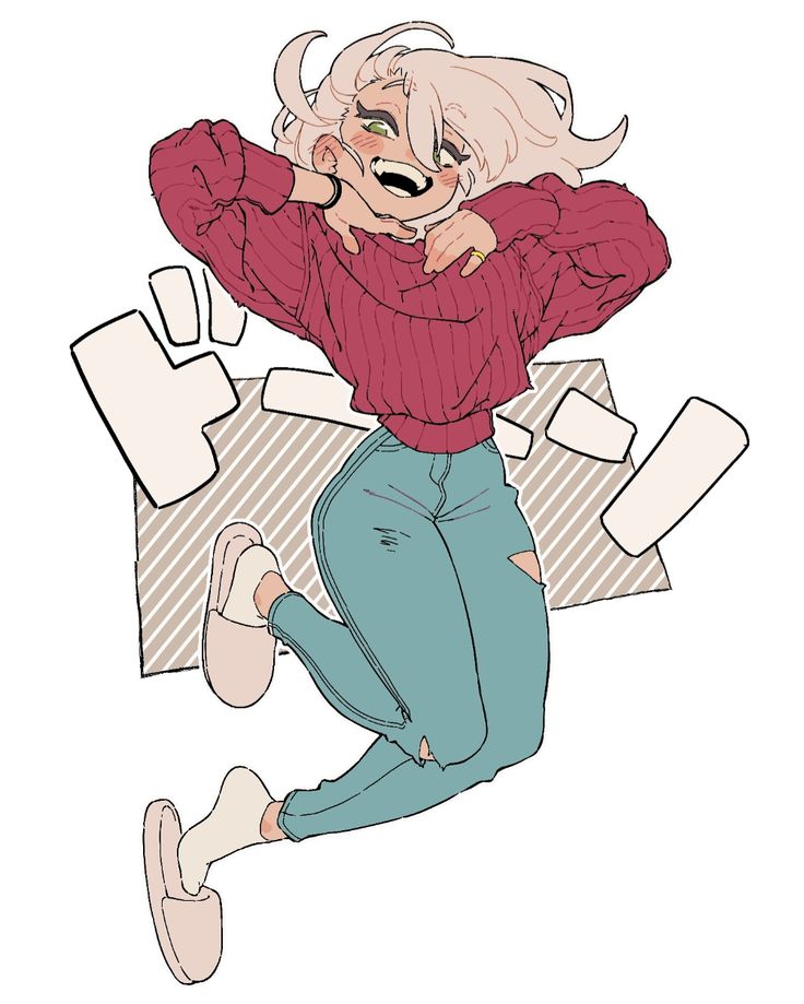 an anime girl with long blonde hair is wearing a red sweater and blue jeans. she is smiling and holding her hands up to her face with a big smile. she is wearing white socks and slippers, and she looks very happy.