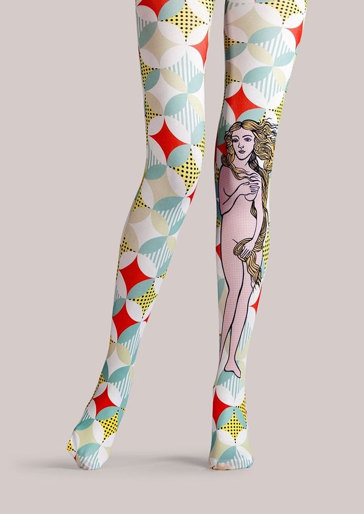 a pair of tights with a geometric pattern on the left leg and a graphic of the painting "the birth of venus" by sandro botticelli on the right leg.