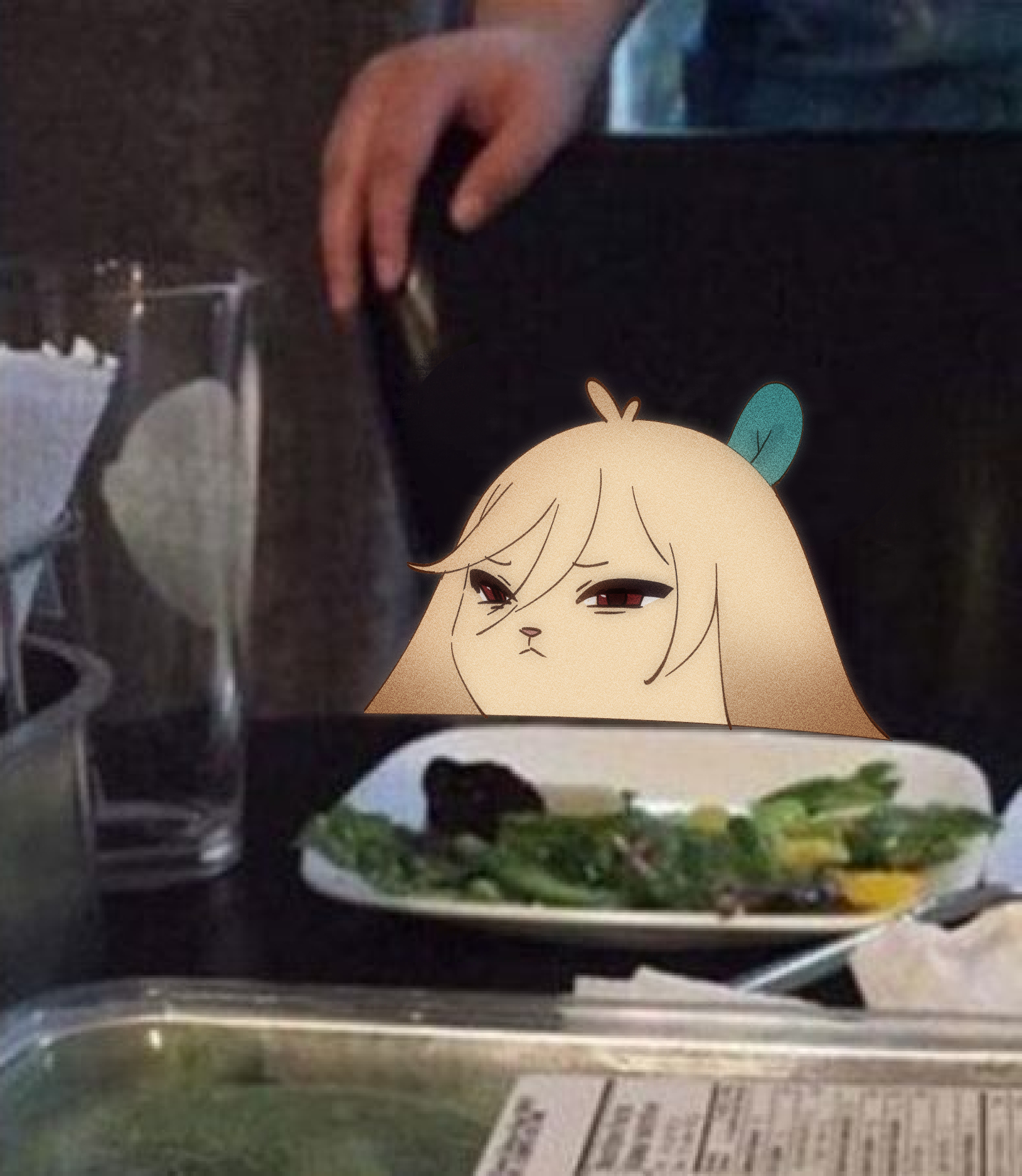 this is a closeup view of a table where a plate of salad is sitting. in the background, a hand of an anonymous person reaches over the table. in the foreground, a sadlooking anime character is resting its head on the table. the lighting is dim, and the overall vibe is melancholy.