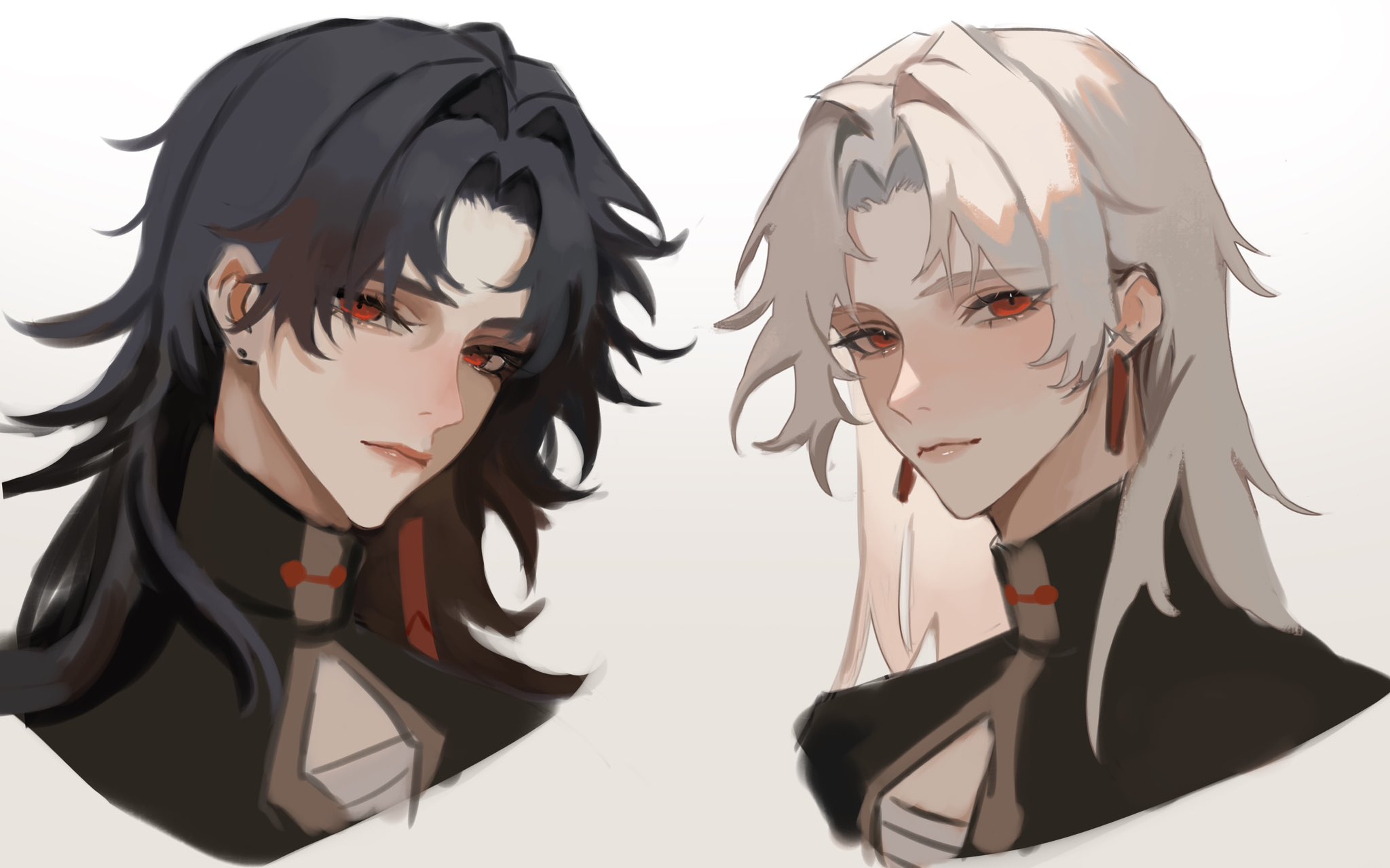 this is an animestyle illustration of two boys side by side. both boys have red eyes and are wearing similar black outfits. the boy on the left has black hair and a red earring, and the boy on the right has white hair and a red earring. the background is white.
