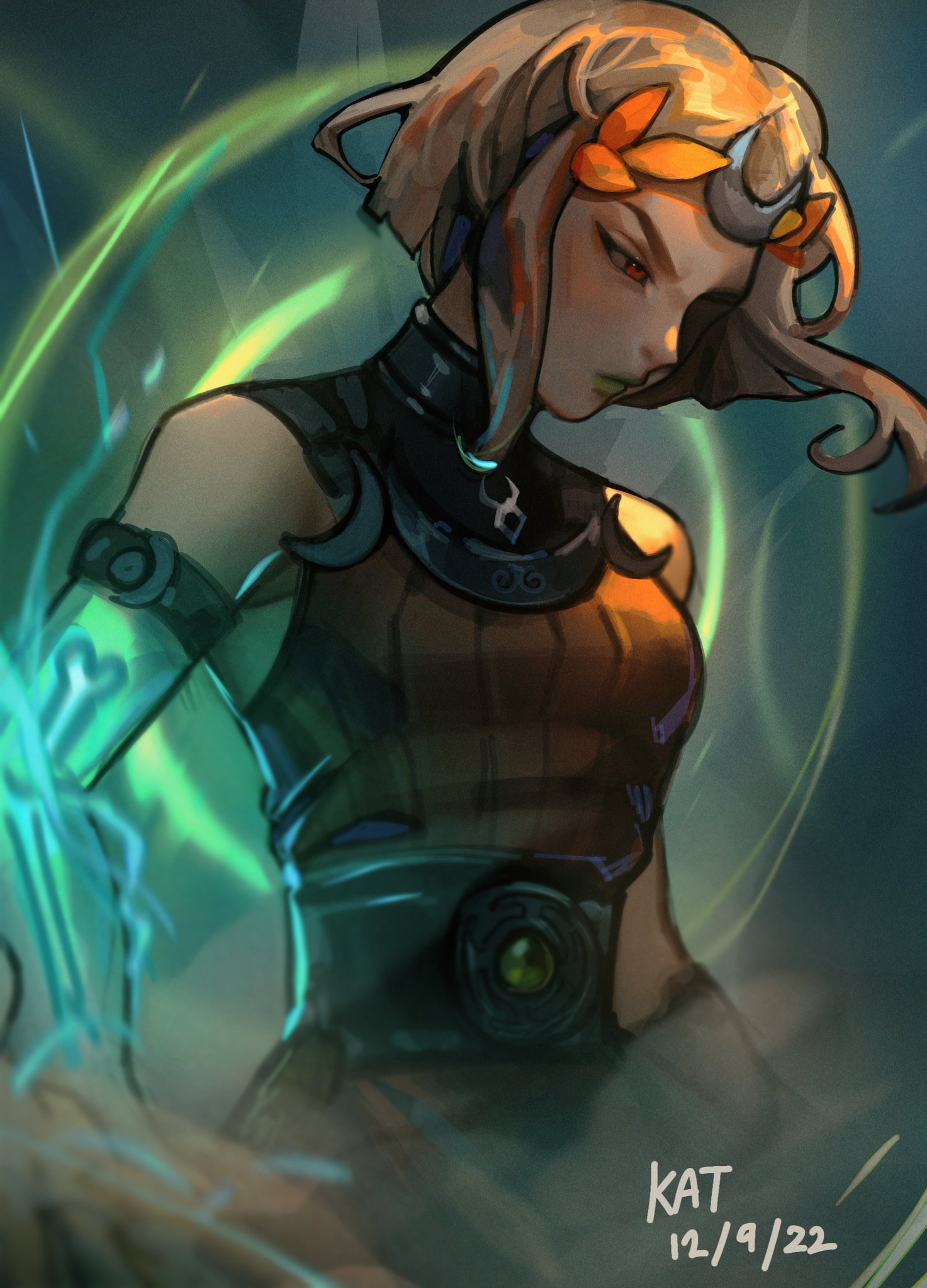 a digital art illustration of a serious woman with olive skin, wearing a brown and black outfit with orange leaves in her short, styled hair. she has a green aura and is focused, with a fantasylike character design.