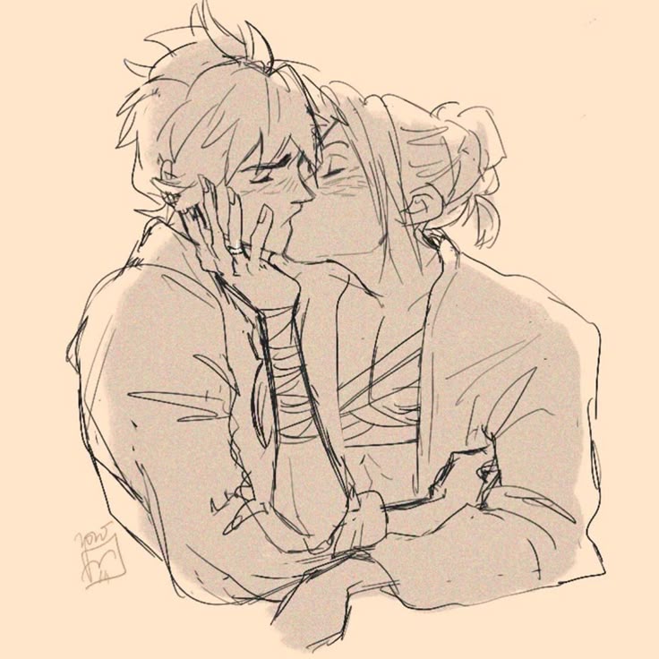 a sketch shows a couple kissing, with one person holding the other's face. they are in an embrace and appear to be expressing love and tenderness.