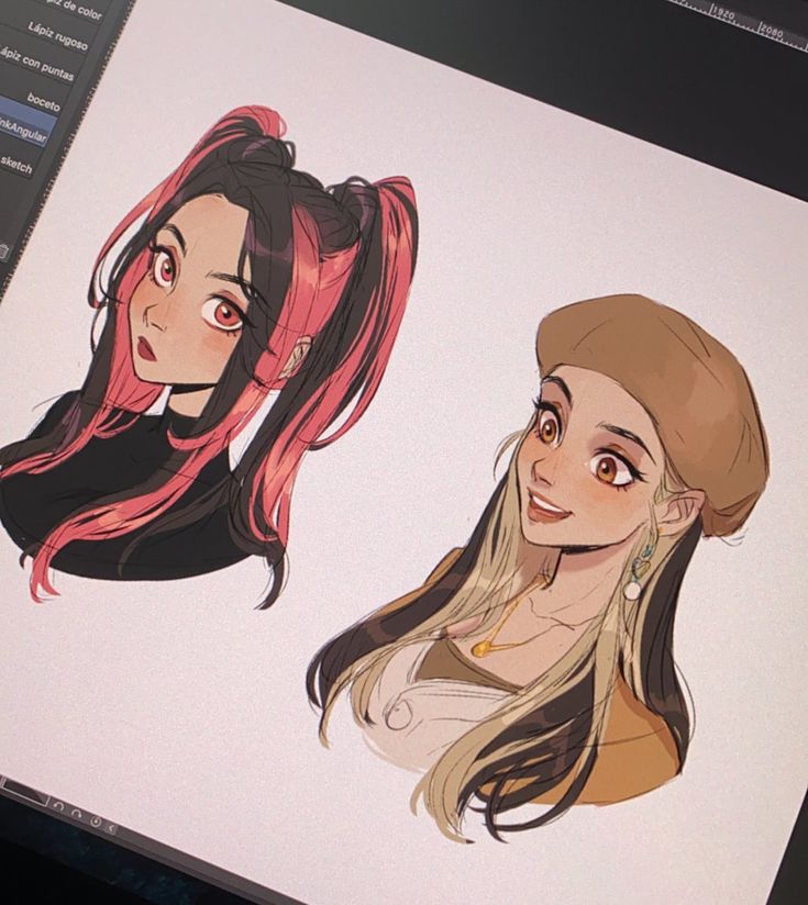 the image is a digital illustration of two anime girls. the first girl is in the left side of the image. she has pink hair, black eyes, and wearing black clothing. the second girl is on the right side, wearing a brown hat and yellow hair. she is smiling and has brown eyes. the digital artwork has a colorful and cute style.