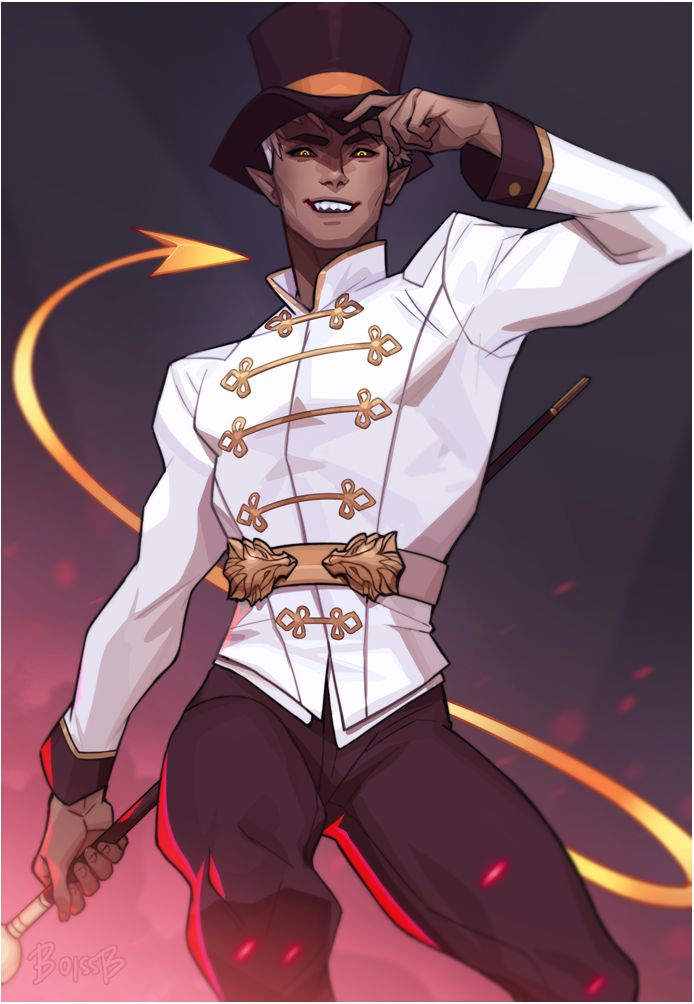 this is an illustration of a male character with a top hat, a white coat, and black pants.  he has a devil's tail and is holding a magical staff.  he is standing with a smirk on his face, looking powerful and confident.  he is set against a fiery background, adding to the magical and powerful vibe of the piece.  the colors are bright and vibrant, making for a captivating and eyecatching piece of art.