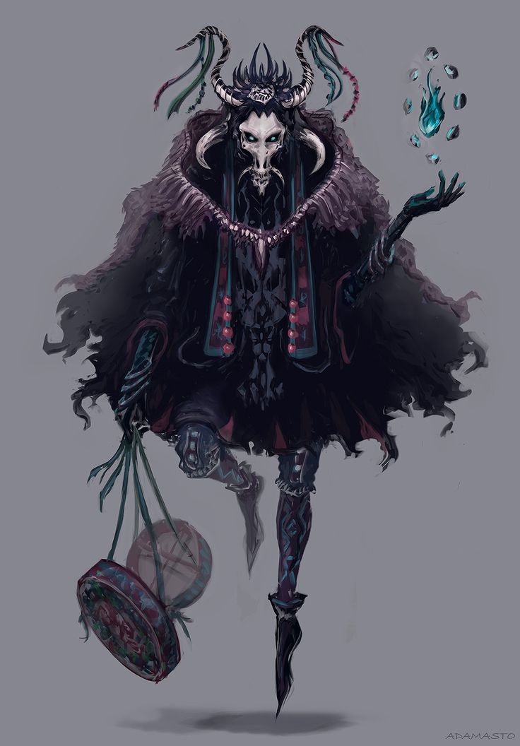 a digital illustration of a fantasy creature. the creature is tall and thin with dark skin, horns, and a skulllike face. it is wearing a long black robe with a dark cloak and is holding a drum in one hand and a glowing orb in the other. the creature appears to be floating.