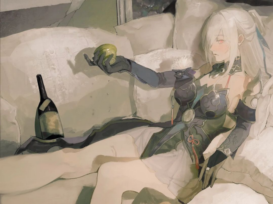 the image shows a young anime woman with long white hair and a black outfit, lying on a couch, looking sad and bored. she is holding a glass of wine in her left hand and a bottle in her right hand, looking at the glass in her left hand. the woman is sitting on a white couch with white pillows. there is a green object in front of her and the room seems quiet and empty, creating a sense of loneliness.  the woman's posture and expression suggest that she is feeling sad and lonely. the quiet and empty room adds to the feeling of isolation.