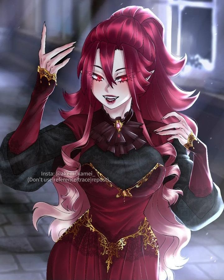 a digital illustration of a woman with long red hair, fangs, and black and red dress with gold jewelry. the artwork is made in anime style and the woman has a spooky and elegant vibe. she is looking at the viewer with a mysterious expression.