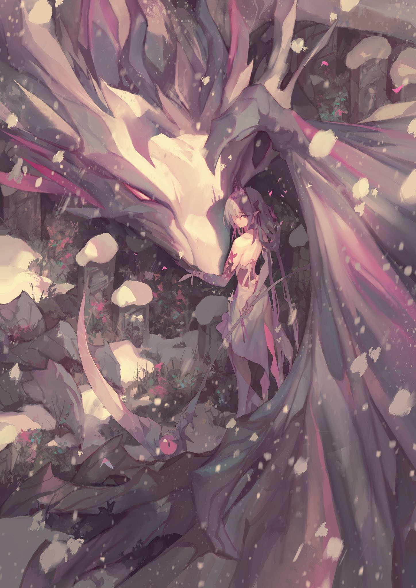 the image is a stylized fantasy illustration depicting a woman standing next to a large, majestic dragon in a forest setting. the woman appears to be an elf with long hair and a delicate dress. she is reaching out towards the dragon, suggesting a connection or bond. the dragon has a white head and a purple body with hints of pink, and its presence dominates the scene. snow or petals are falling, adding to the magical and ethereal atmosphere. the overall color scheme is soft, with shades of pink, white, and purple dominating the scene.