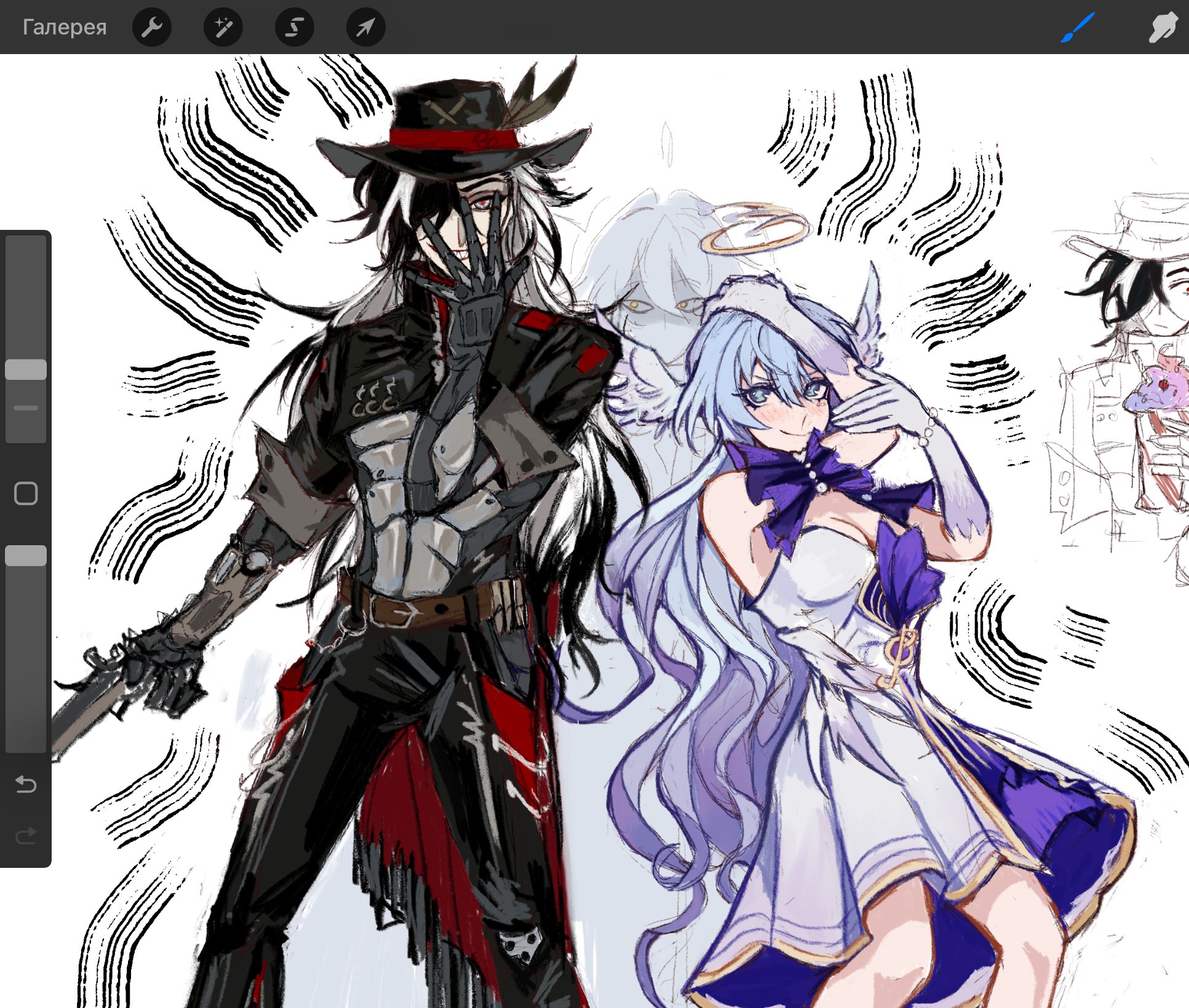 the image is a digital artwork featuring two main characters. one is a male character dressed in a cowboyesque outfit with a dark coat, a black hat, and long white hair. he has a robotic or mechanical aspect to his design. the other character is a female character with long light purple hair, angellike wings, and a white dress, appearing more delicate and ethereal. both characters have their hands partially covering their faces. the background is filled with a repetitive pattern of curved lines, creating a dynamic and stylized effect. the style leans towards anime or manga, with detailed character designs and a focus on expressive lines and colors.  there are also some rough sketches of other figures in the background, indicating a work in progress. the overall mood is mysterious and intriguing. the image appears to be from a digital art program, as indicated by the toolbar visible on the left side. the word "галерея," which translates to "gallery" in russian, is also visible in the top left corner.