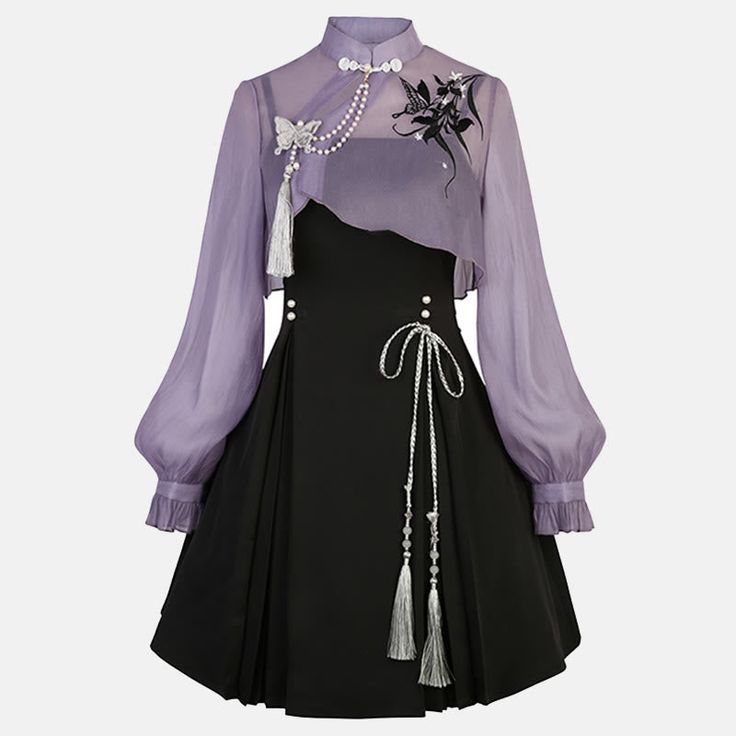 a black and purple hanfu dress is shown against a white background. the dress features a high collar, sheer purple sleeves, and delicate butterfly embroidery. the skirt is aline and falls just above the knee. the dress is accented with a silver tassel.