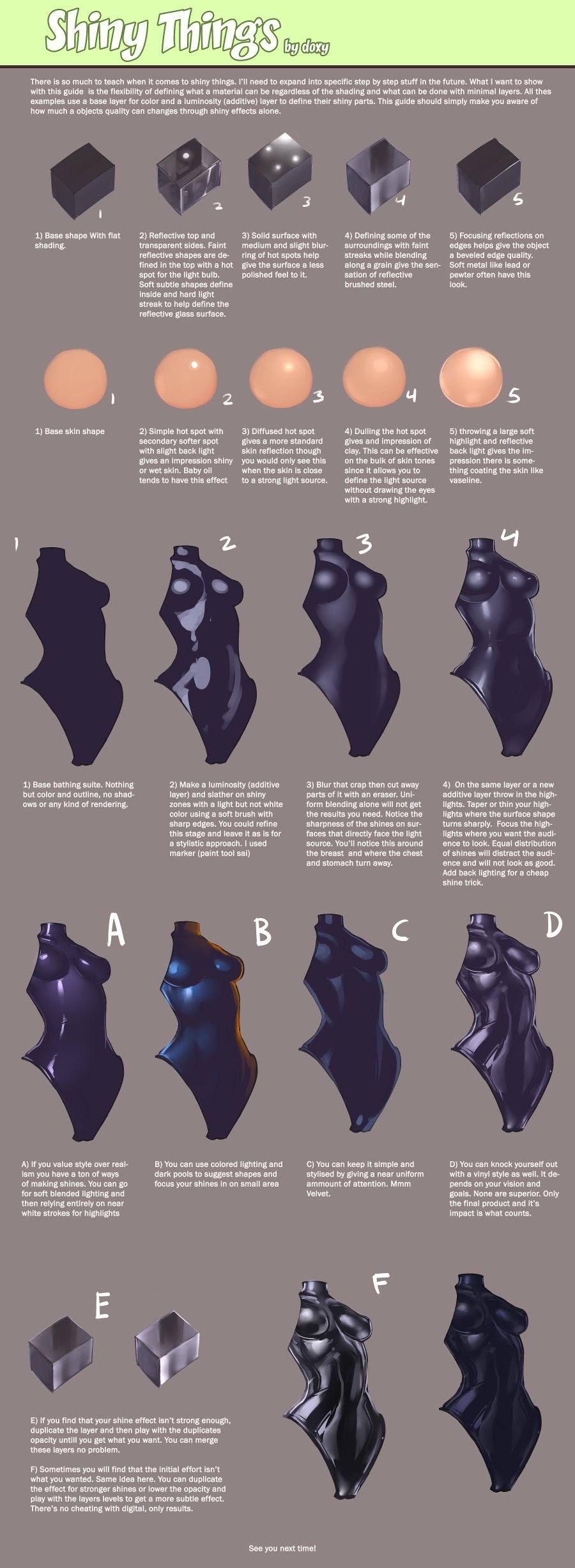the image is a tutorial on how to paint shiny things. it is broken down into several steps, starting with basic shapes and progressing to more complex forms. the tutorial covers topics such as reflections, highlights, and how to create the illusion of depth. it features examples of a sphere, a bust, and a cube, all rendered with varying degrees of shine. the text provides detailed instructions and tips for each step.