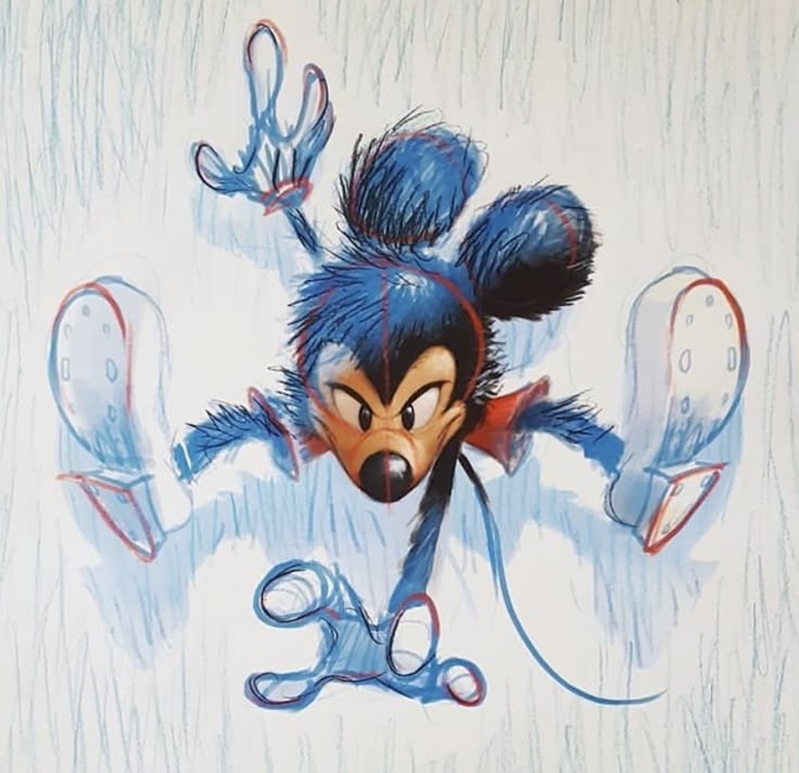 a sketch of mickey mouse in an action pose with an angry expression. the drawing is done in blue and red with a white background. mickey mouse is depicted with spiky fur, clenched fists, and a determined face. he appears to be leaping or jumping with energy.