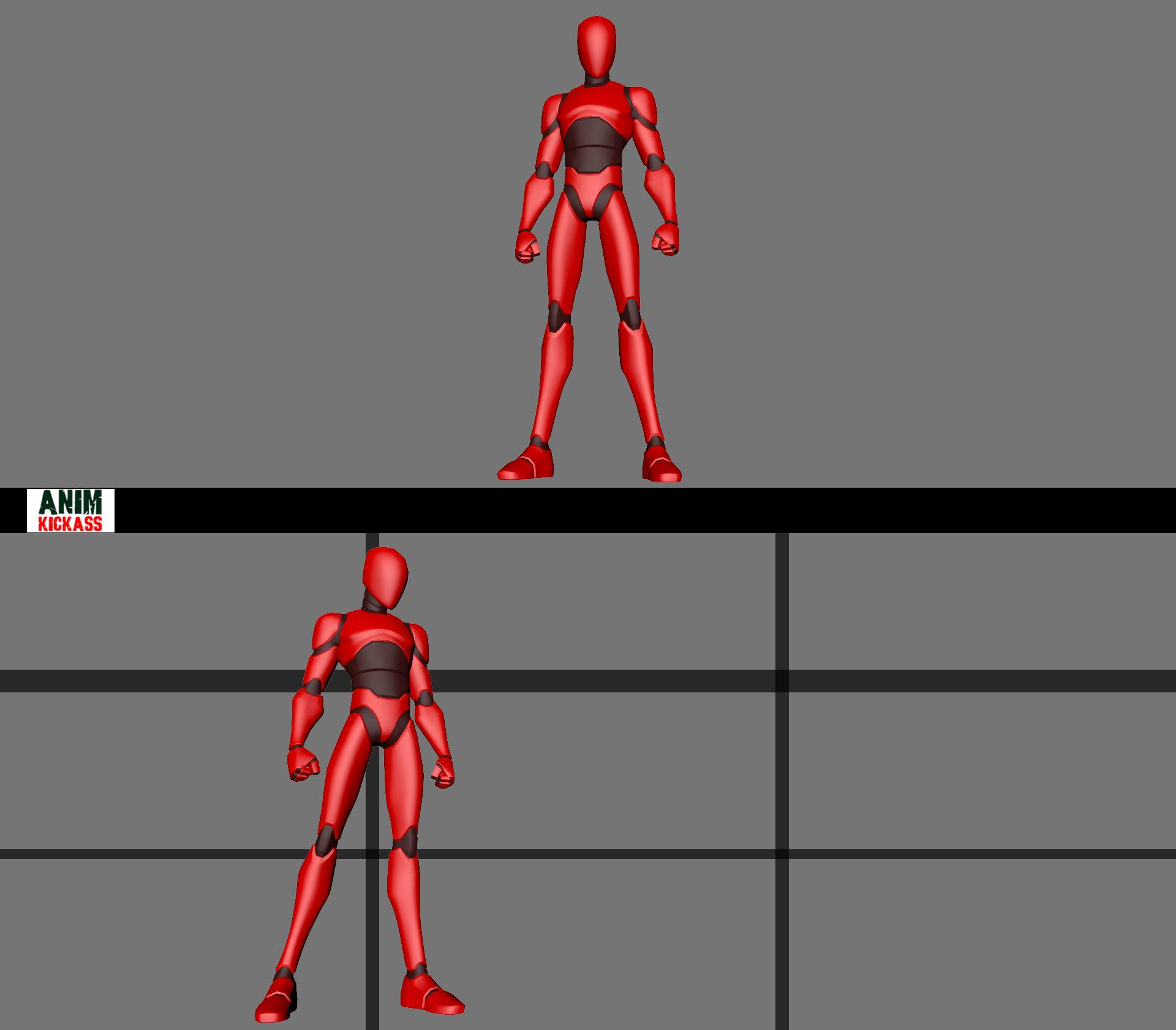 the image shows a red humanoid figure in two different poses. the top figure is standing straight in a front view, and the bottom figure is in a side view with a slightly bent pose. the background is a grey space with a black grid and includes the "anim kickass" logo in the corner.