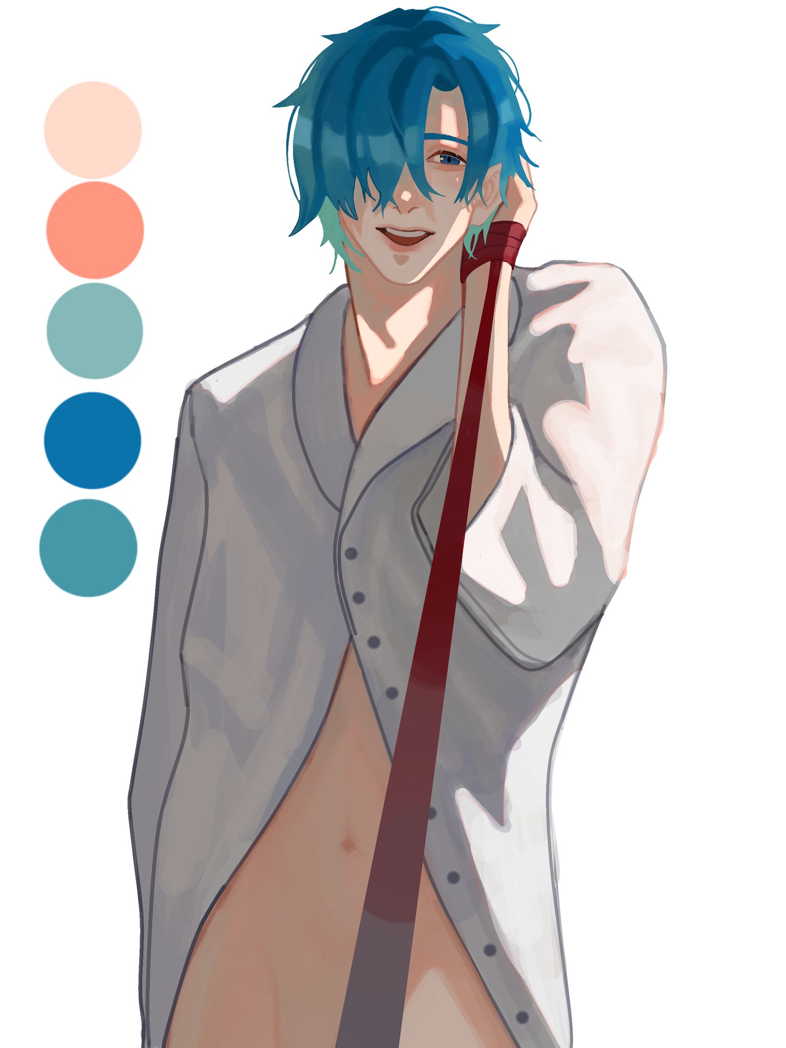 the image is a digital illustration of an anime character. he has blue hair, is wearing a white shirt, and a red ribbon is tied around his arm. he is smiling and looks happy. the background is white. the image is drawn in a style similar to manga art.