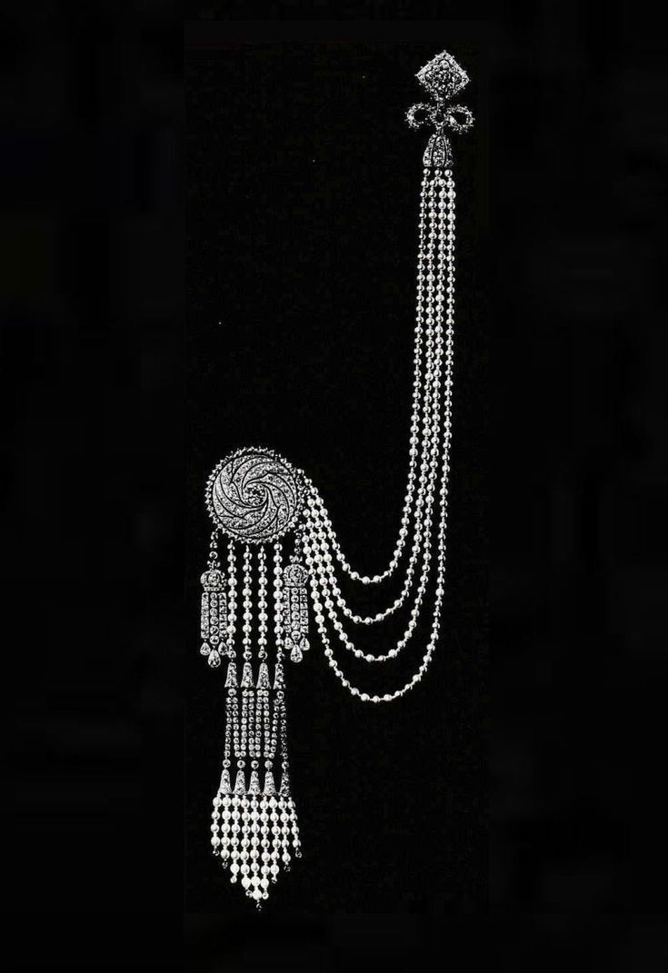 the image shows a detailed and ornate earring with a silver or white metal finish. the earring features a decorative top piece connected to several strands of pearls that create a draped, hanging design. the bottom portion of the earring includes intricate beadwork and tassellike embellishments, adding to the overall vintage and elegant aesthetic. the dark background enhances the visibility and contrast of the jewelry.