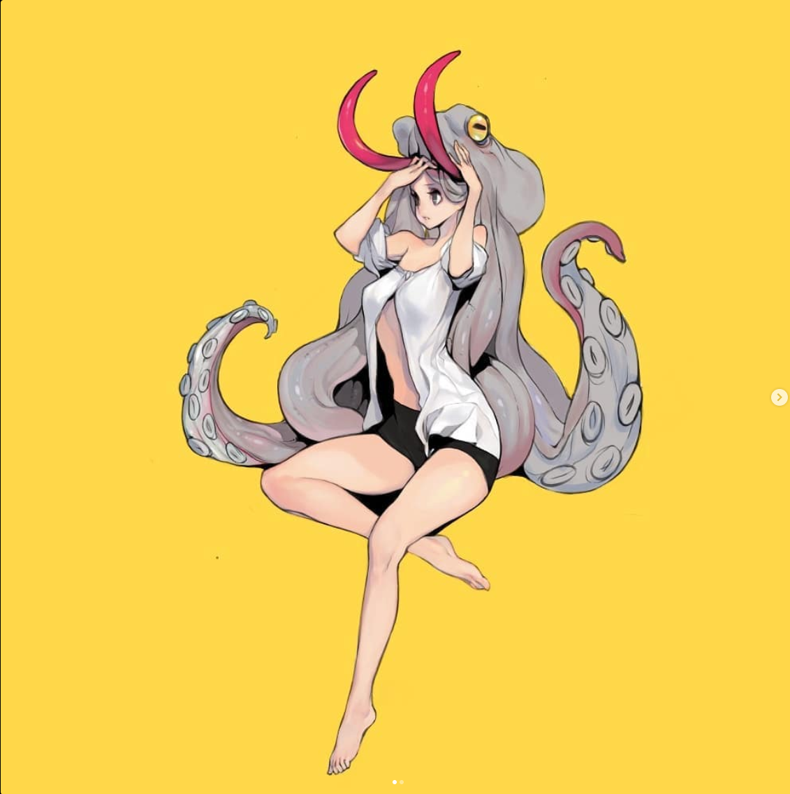 a stylized drawing of a young woman with an octopus attached to her head, posed against a solid yellow background. the octopus's tentacles are draped over her body and it has a single large eye. the woman is dressed in a white, partially unbuttoned shirt and black shorts. the art style is reminiscent of anime and manga, with exaggerated features and a focus on curves.