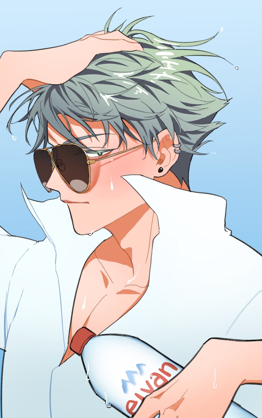 a cartoon man with green hair and sunglasses is holding a water bottle. he is wearing a white shirt and is sweating profusely. he is standing in front of a blue background.