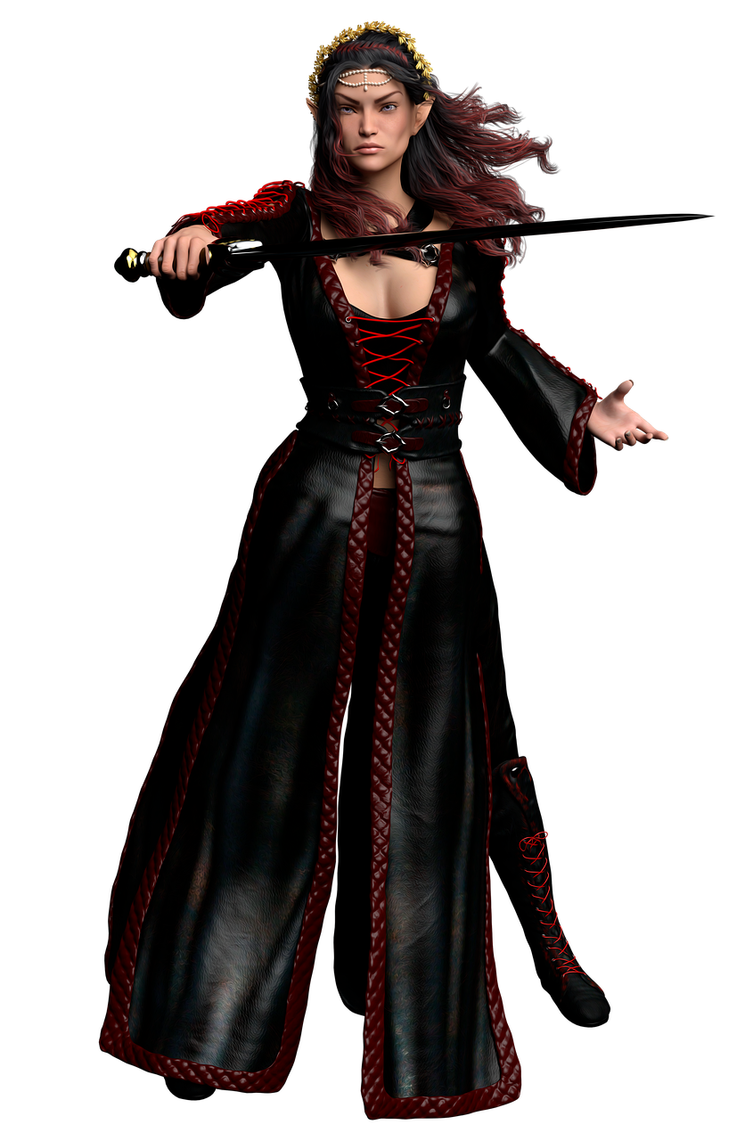 a fulllength digital image of an elf warrior woman with long black hair and pointed ears, wearing a long black dress with red trim and a golden headband, holding a sword in a defensive position against a black background.