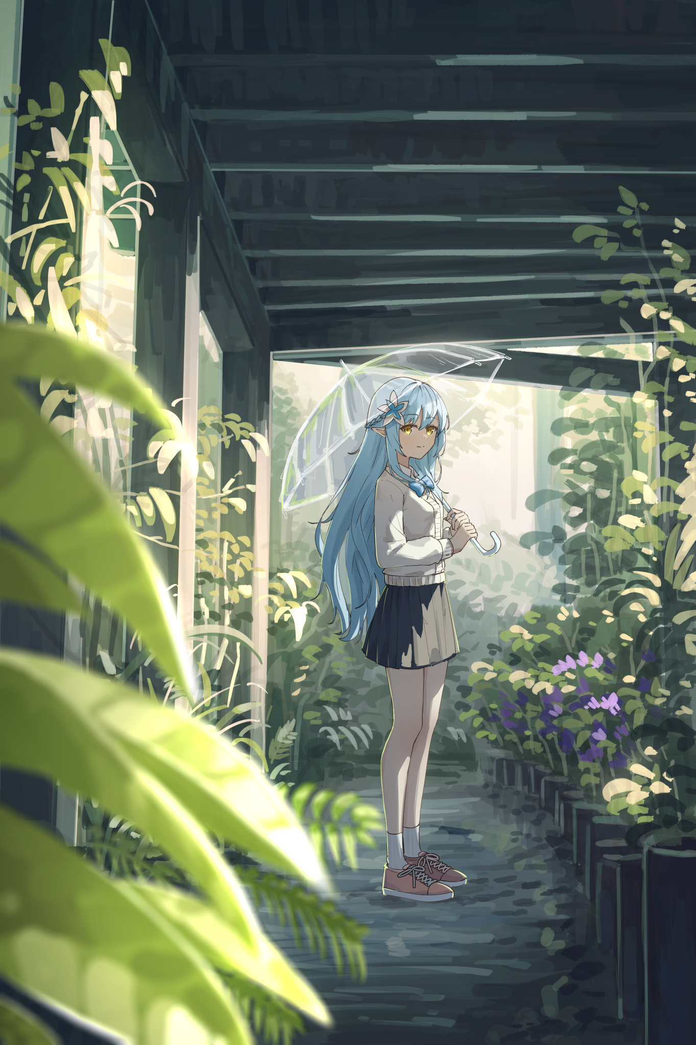 an animestyle illustration depicts a girl with skyblue hair and golden eyes standing in a greenhouse or covered walkway. she holds a clear umbrella, suggesting a rainy or overcast day. she is wearing a school uniform consisting of a skirt, sweater, and sneakers. lush plants surround her, and sunlight filters through the greenery. the setting suggests a peaceful and tranquil scene.