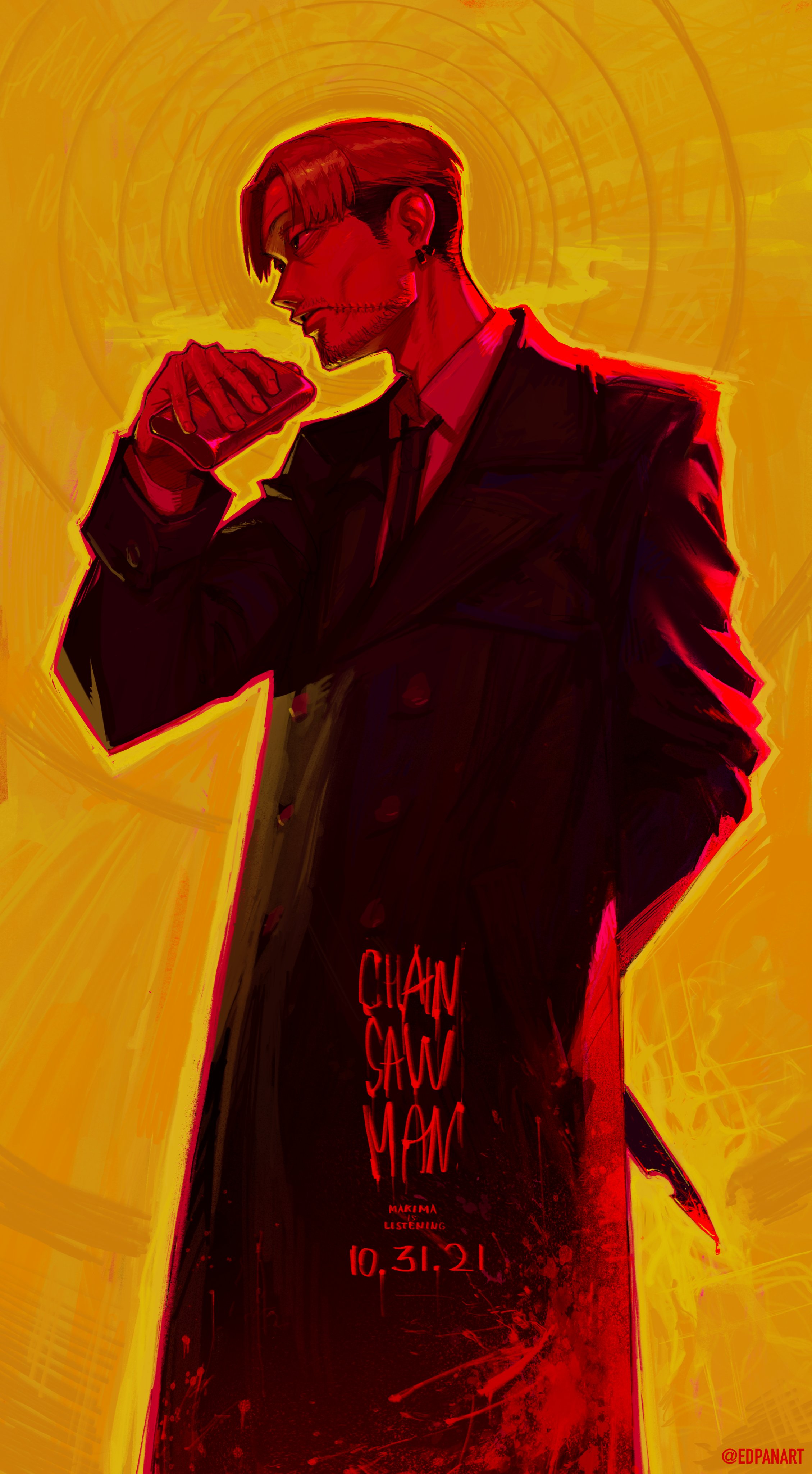 the image is a stylized digital painting or illustration of a character, likely from the anime/manga "chain saw man," depicted in a dramatic pose. the character appears to be a man wearing a dark suit or coat, holding what might be a small object in his hand. the background is a vibrant yelloworange with concentric circular patterns, creating a striking contrast with the dark figure. the text "chain saw man" and "10.31.21" (presumably a release date) are incorporated into the composition, suggesting it might be promotional art for the series. the overall style is bold and graphic, with strong use of color and shadow to convey mood. the artist's signature "eipanart" is visible in a small font in the bottom right corner. the red and yellow color scheme gives a sense of intensity and danger.