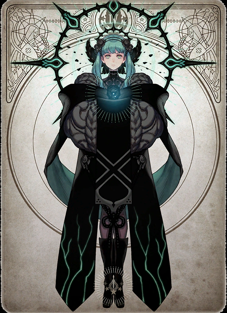 the image depicts a female character in a highly stylized and detailed illustration, reminiscent of a tarot card. she stands against an ornate background with a large, spiky halo behind her head. the woman has pale skin, teal hair styled in two long braids, and wears a dark, elaborate outfit with a long coat and thighhigh boots.  her clothing features metallic accents and intricate patterns.  she holds a glowing orb in her chest, emanating light upwards. the overall aesthetic evokes a sense of power, mystery, and perhaps a connection to magic or the arcane.
