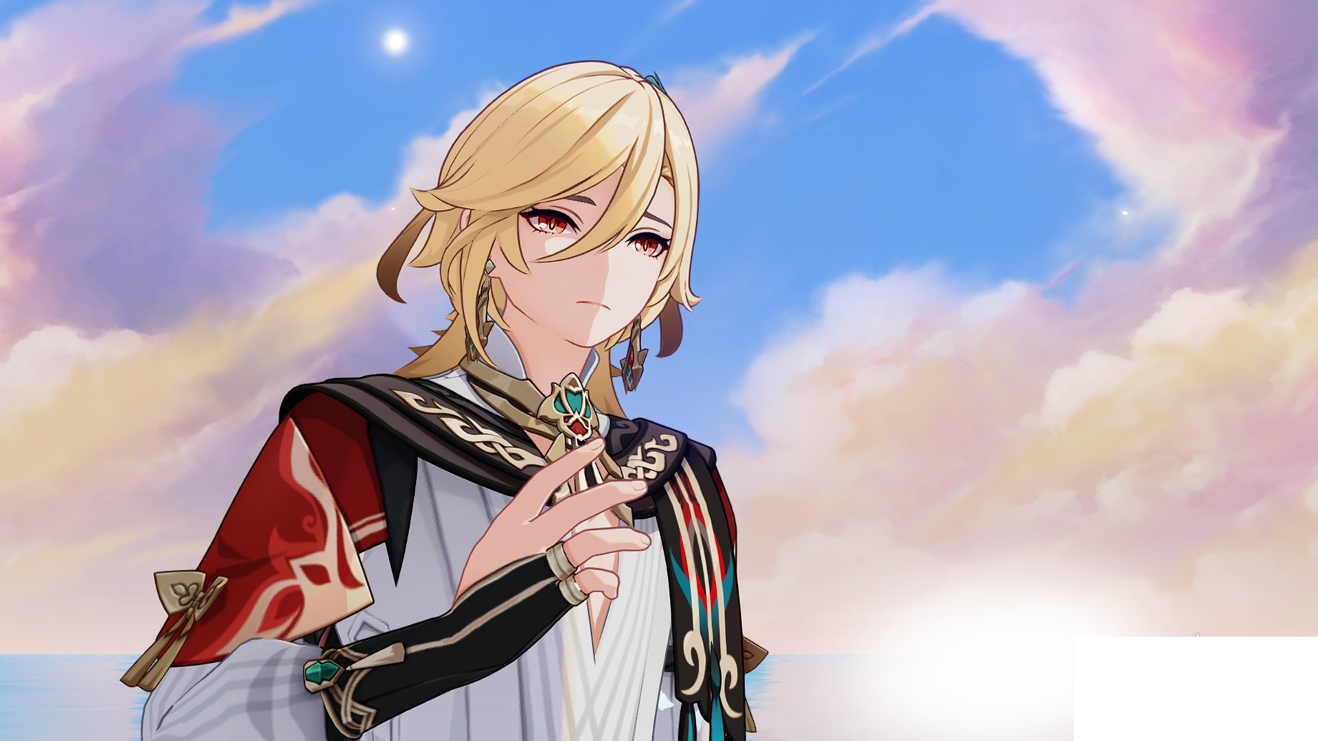 a male anime character with blond hair is looking forward with a serious expression. he is wearing a red and black shirt with a white undershirt. behind him is a sky full of clouds over an ocean.