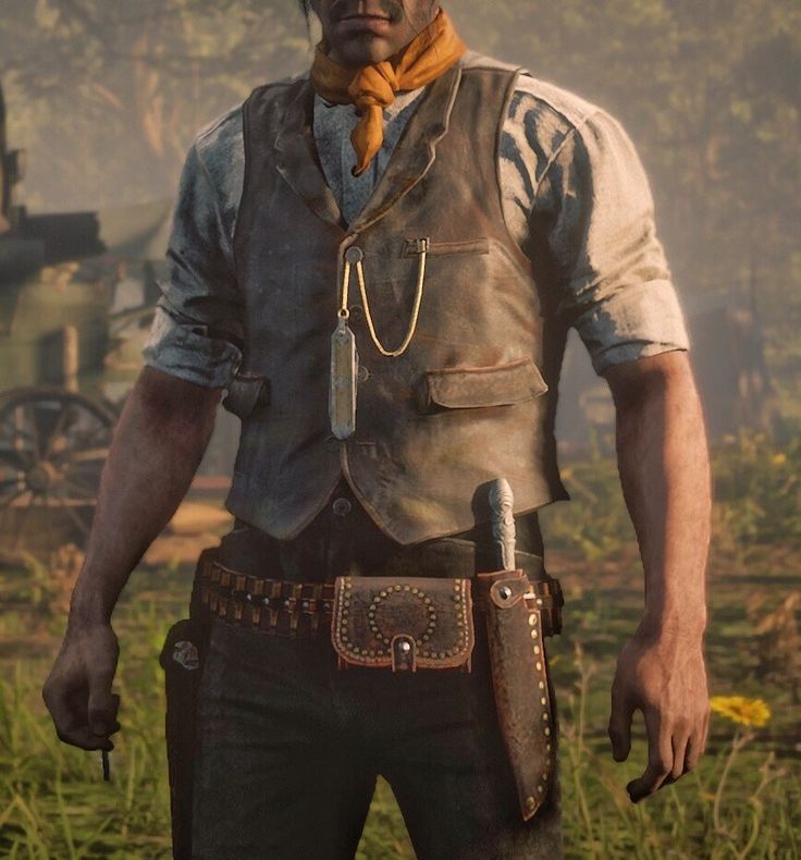 a detailed closeup shot of a cowboy character from the video game red dead redemption 2. the character is wearing a tan vest over a lightcolored shirt, a brown neckerchief, a brown belt with a leather pouch and knife sheath, and dark trousers.  various accessories are visible, including a pocket watch on a chain and a knife in the sheath. the background is blurred, showcasing a natural outdoor setting with hints of greenery and what appears to be a piece of old machinery. the image quality is high, showcasing realistic textures and details in the character's clothing and the surroundings. the overall impression is one of a richly detailed character design and setting within the game's western atmosphere.