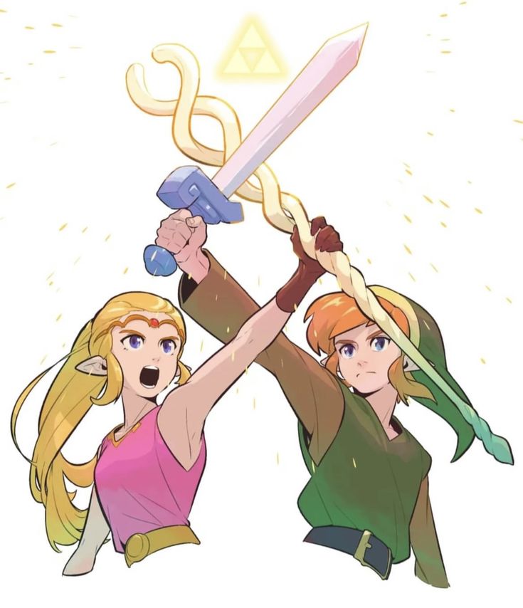 the image is a vibrant and stylized piece of fanart depicting princess zelda and link from the legend of zelda series, specifically reminiscent of a link to the past. they are shown in a dynamic pose, jointly wielding the master sword (zelda holding the hilt and link holding the spiraling stafflike portion) with the triforce symbol glowing faintly in the background.  zelda is sporting a pink sleeveless top and blonde hair, while link wears his signature green tunic. both characters are depicted in an anime/mangainspired style with exaggerated features and expressive eyes.  golden light particles surround them, enhancing the sense of magical power and heroism. the overall composition is energetic and suggests teamwork or collaboration during a critical moment in their adventure.