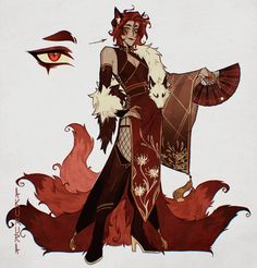 the image showcases a striking character design of a kitsune, a mythical fox spirit from japanese folklore. the female figure, with fiery red hair and fox ears, is elegantly attired in a black and red kimono adorned with floral motifs. her nine tails, flowing behind her, emphasize her mystical nature. the artist masterfully uses a warm color palette and soft lighting to create an alluring and powerful depiction of this legendary creature.