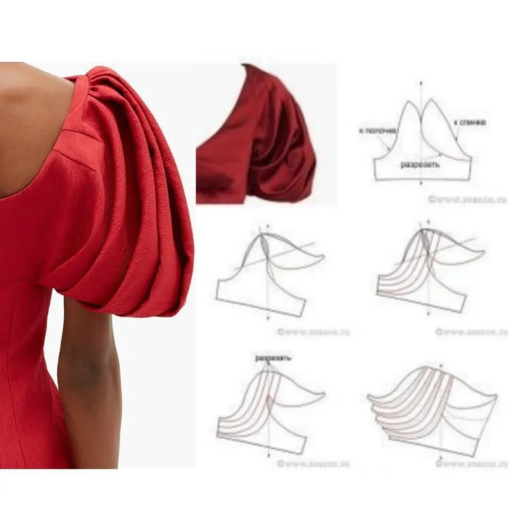 the image shows a red dress with a large puff sleeve and a set of sewing pattern diagrams illustrating how to create a similar puff sleeve. the diagrams are arranged in steps, likely showing the process of cutting and altering a basic sleeve pattern to achieve the gathered, voluminous shape.