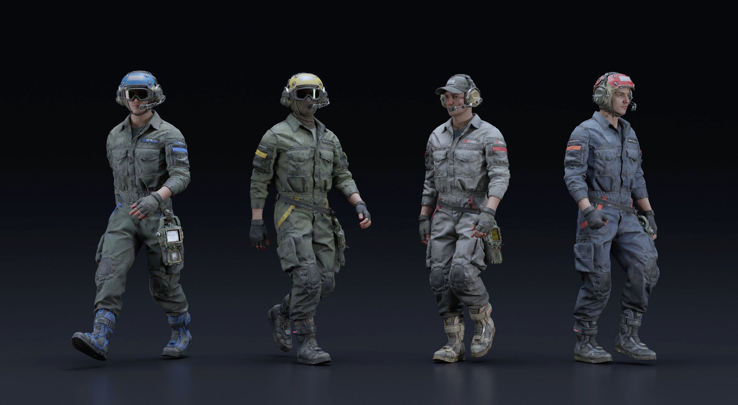 he image presents a 3d render of four soldiers, each in a distinct uniform and helmet, walking in a dark studio setting.  the uniforms vary in color and detail, suggesting different units or roles.  the soldiers are highly detailed and realistic in appearance, with visible texture and wear on their clothing and gear.  the background is uniformly dark, emphasizing the soldiers and their equipment.