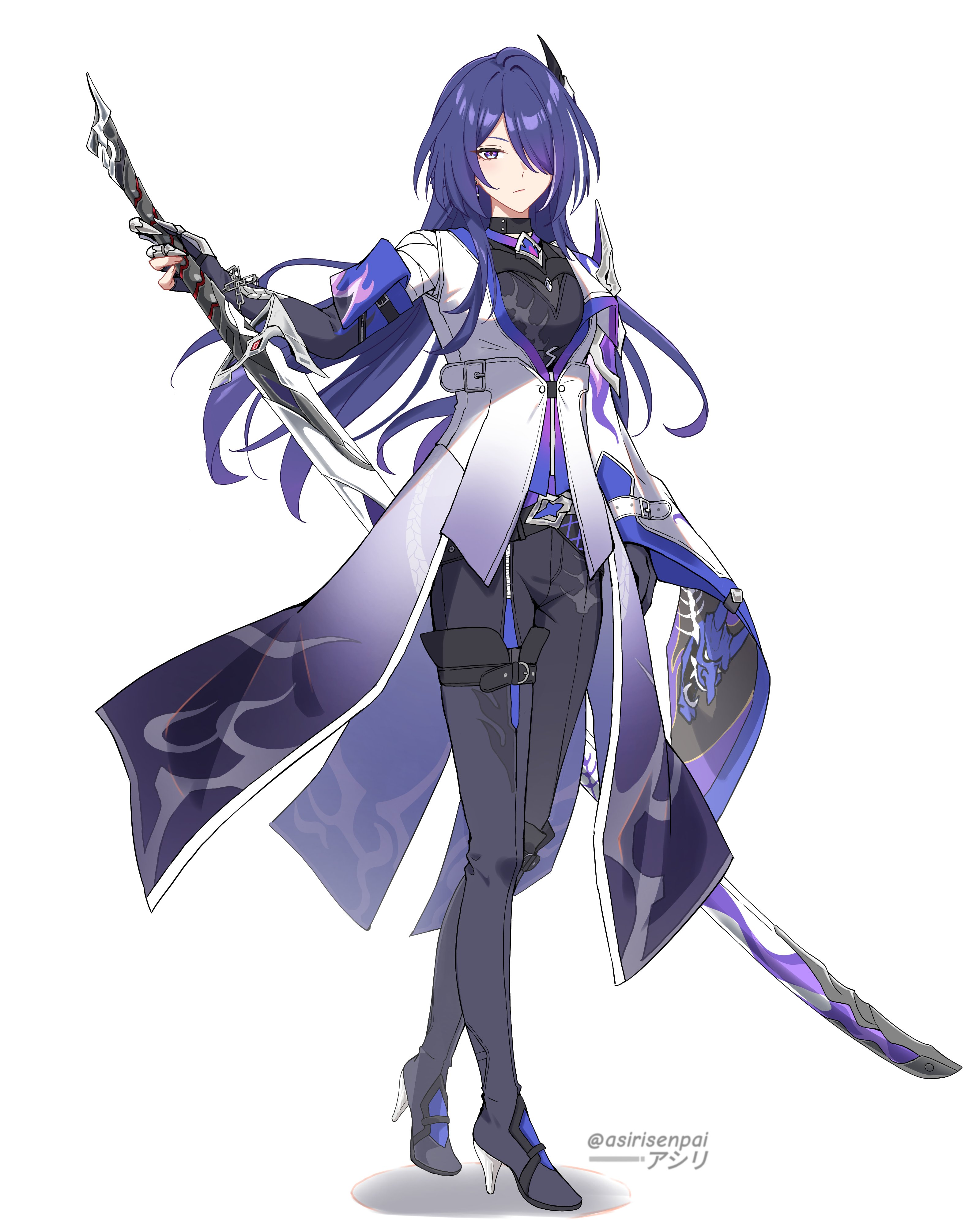 a female anime character with long, dark purple hair stands against a white background, wielding a large, ornate sword. her attire, a blend of white, blue, and black, reflects a style reminiscent of fantasy warriors. she projects a sense of strength and determination.