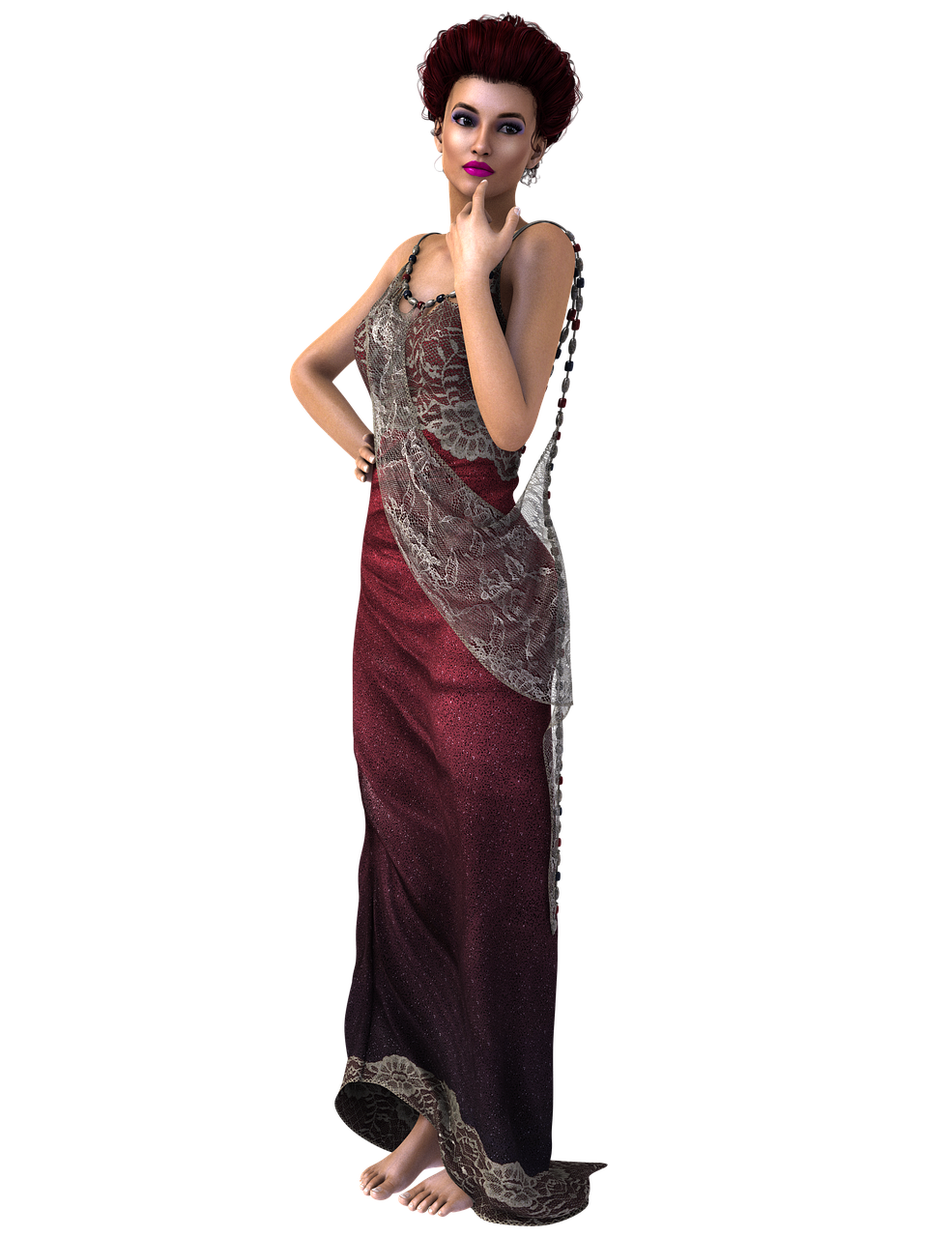a digital art image of a woman with red hair, wearing an elegant red and silver lace gown. she is standing barefoot, posing with her hand on her hip and her other hand near her face. the background is black.